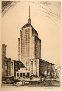 Robert Fulton Logan (1889-1959), John Hancock Building: Etching, 18" x 12 1/2", pencil signed. Logan moved to Boston from Manitoba at the age of 16 to study at the Boston Museum of Fine Arts; painting under Edmund Tarbell and etching under Frank Benson, be