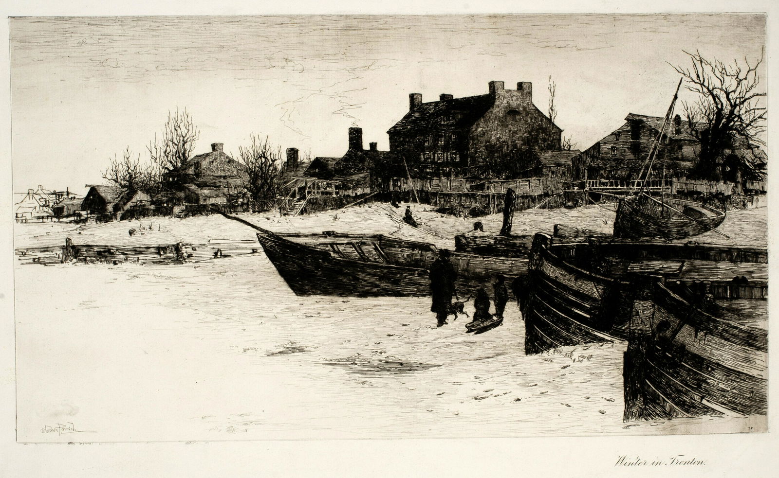 Stephen Parrish (1846-1938), Trenton Winter, 1883: Rare print with remarque from 1883, plate signed in the lower left. Catalog: Schneider 78. Edition of 30 with remarque. Plate measures 9 1/2" x 16 3/4" on 15" x 22"wove type paper. This is an atmosphe