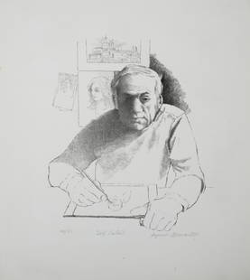 August Mosca (1909-2003), Self Portrait, 1977: This is a fine original lithograph by Italian American artist August Mosca. The image is pencil signed, titled Self Portrait, dated 1977 and numbered 46/50. The image measures 10" x 8", printed on med