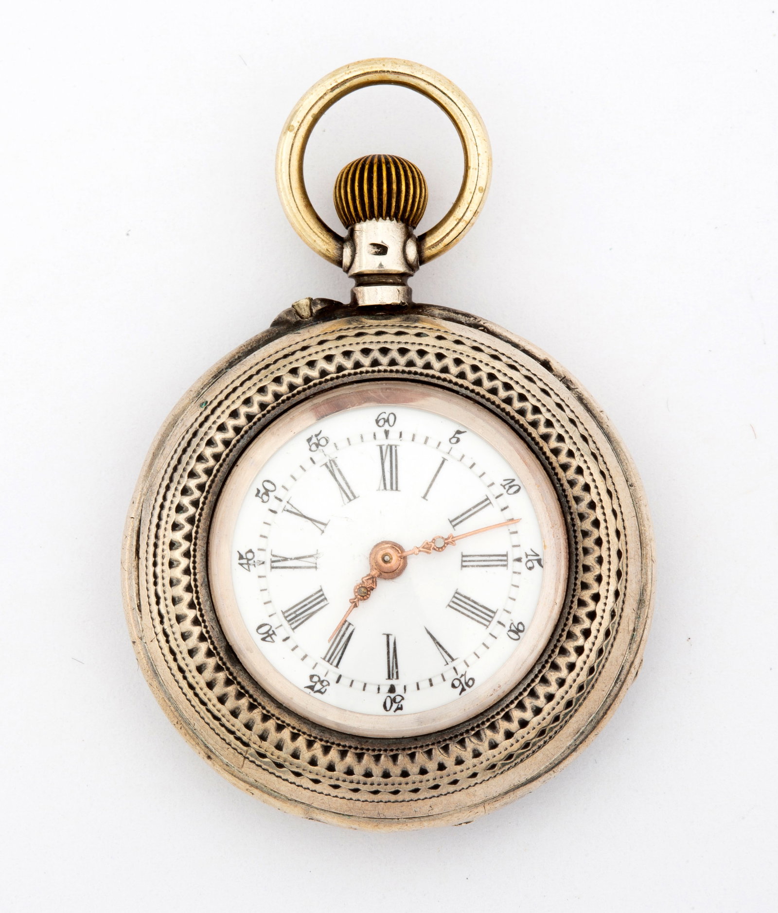 An Antique Engraved Swiss Silver Pocket Watch: Marked 800 and with hallmark, #4962, Swiss, with the inner case finely engraved "The Star", lovely engraved and engine turned decorated case, case measures 1 1/4" diameter not including top bail, tota