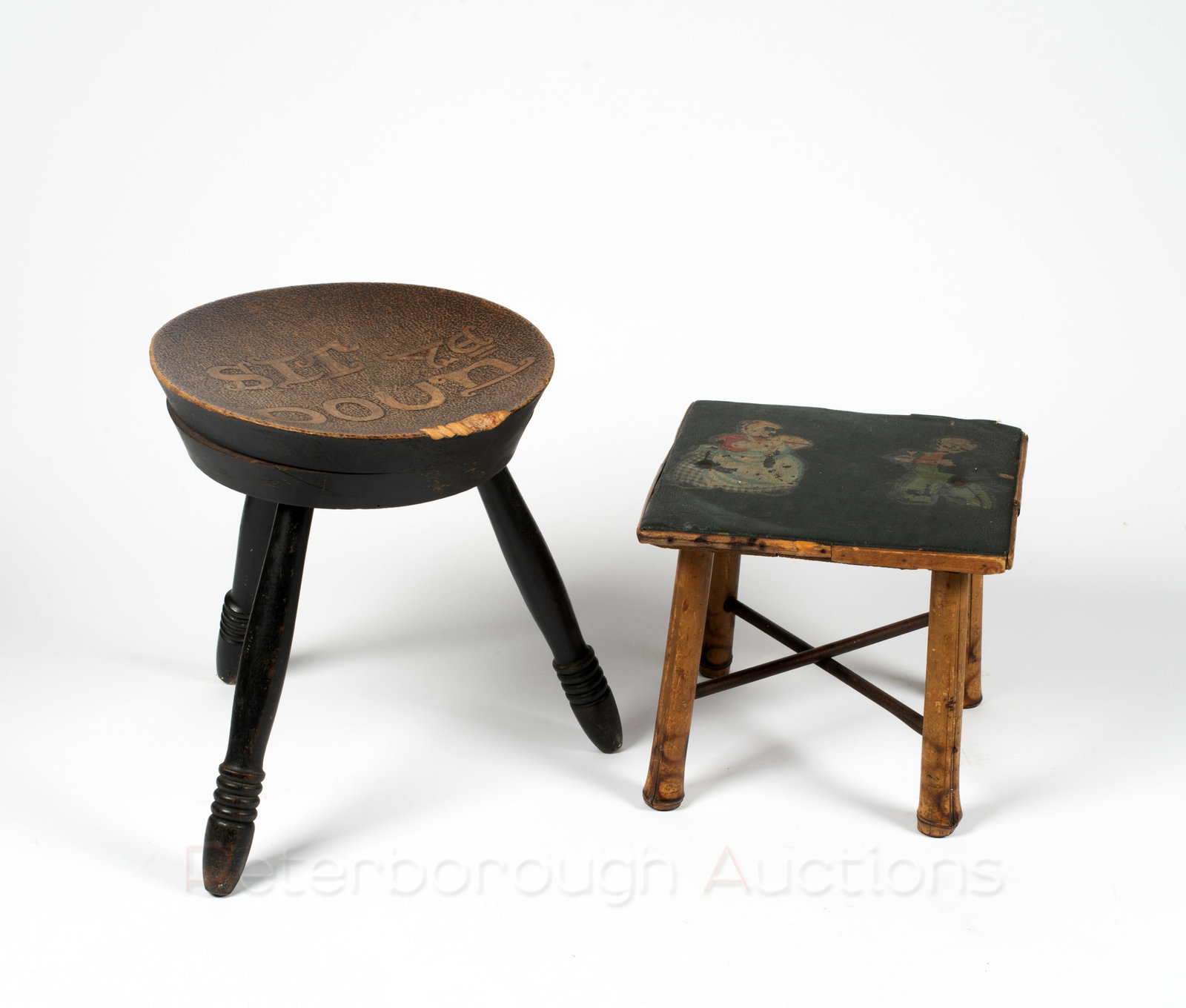 Two Antique Stools: Two Antique Stools, the first constructed of wood with bamboo legs, a painted canvas top embellished with a couple serving food and drinks, they appear to be a type of transfer and not themselves pain