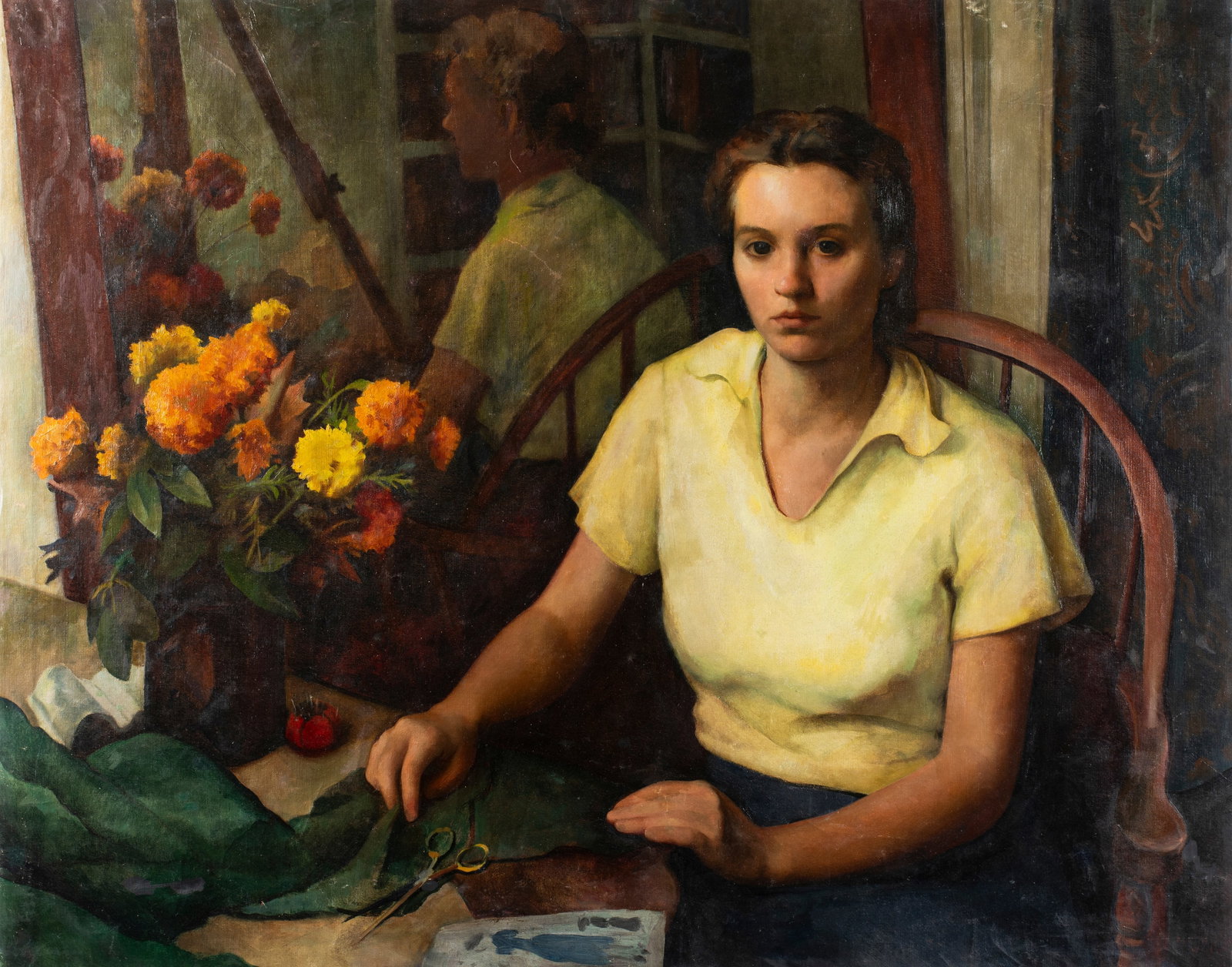 Keith Shaw Williams (1906-1951), Portrait of a Woman, 1951: Oil on canvas, signed and dated lower right, signature overlapping the stretcher. Unframed, stretched to 35" x 44". A finely rendered portrait of a young woman sat at a table making a dress, with a mi