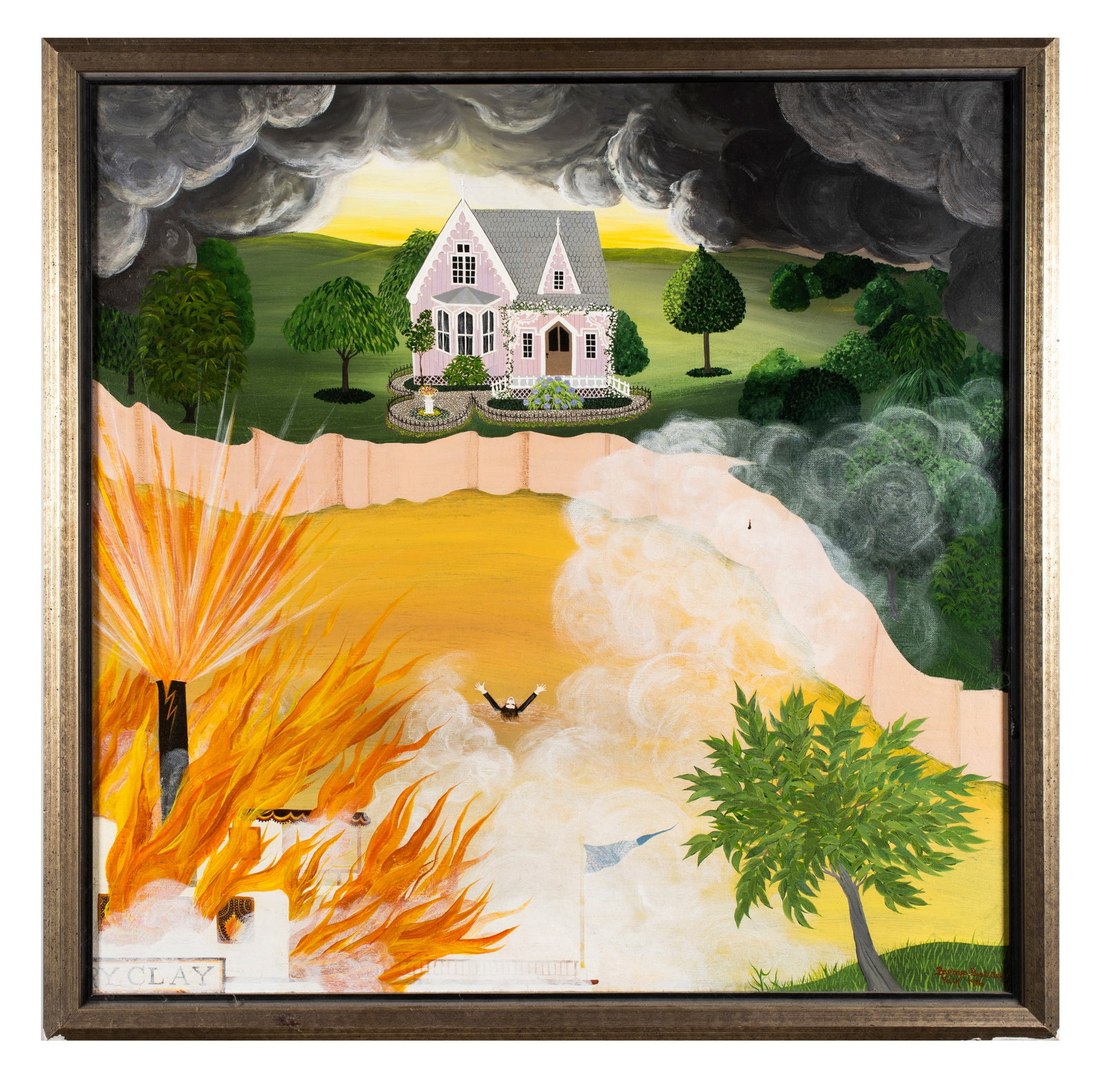 Barbara Bustetter Falk (b.1928), Surrealistic Landscape, 1976: Oil on canvas, signed and dated lower right. 29 1/2" x 29 1/2", framed to 32 1/2" x 32 1/2". An enigmatic surrealistic scene from the self-taught Falk. "In 1975, five years after trying my first paint