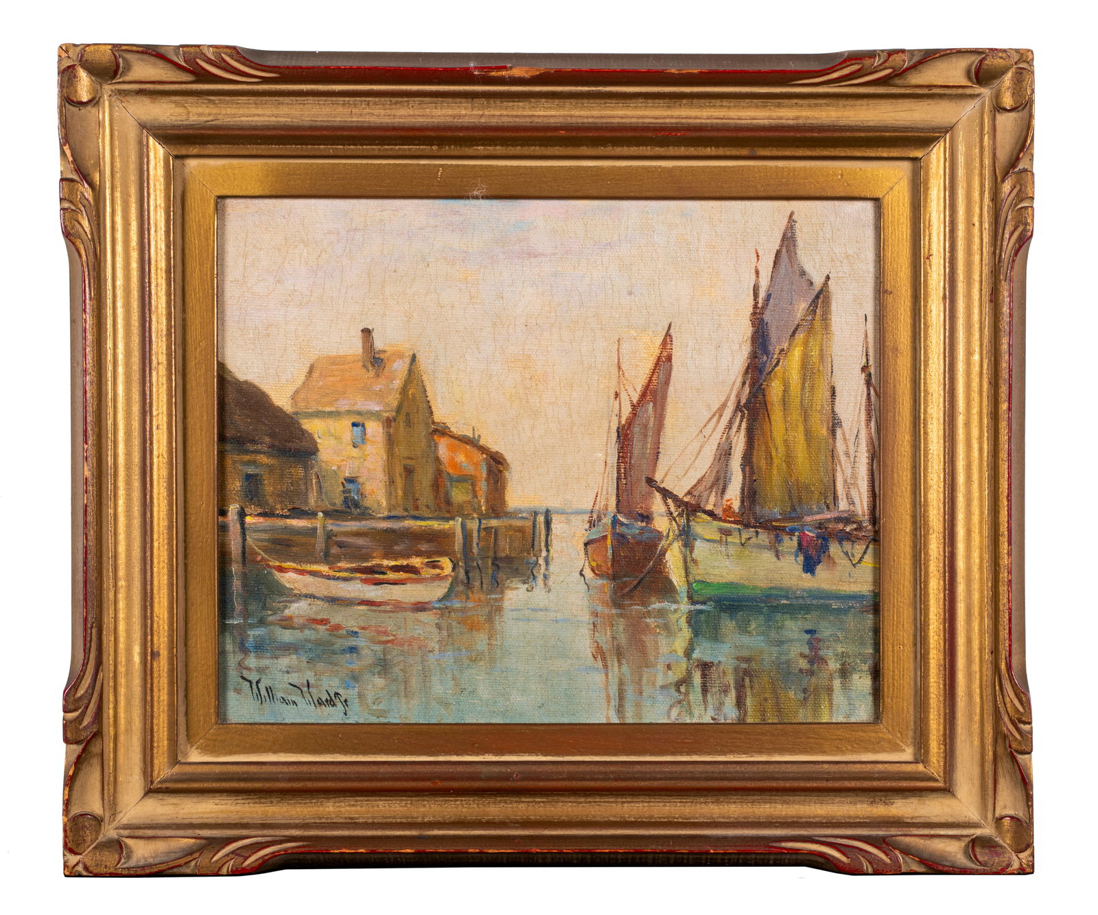 C.Hjalmar "Cappy" Amundsen (1911-2001) Harbor Scene: Oil on board, signed lower left "William Ward Jr." (William Ward Jr. was one of Amundsen's common pseudonyms. 7 1/2" x 9 1/2", framed to 11 3/4" x 13 3/4".
