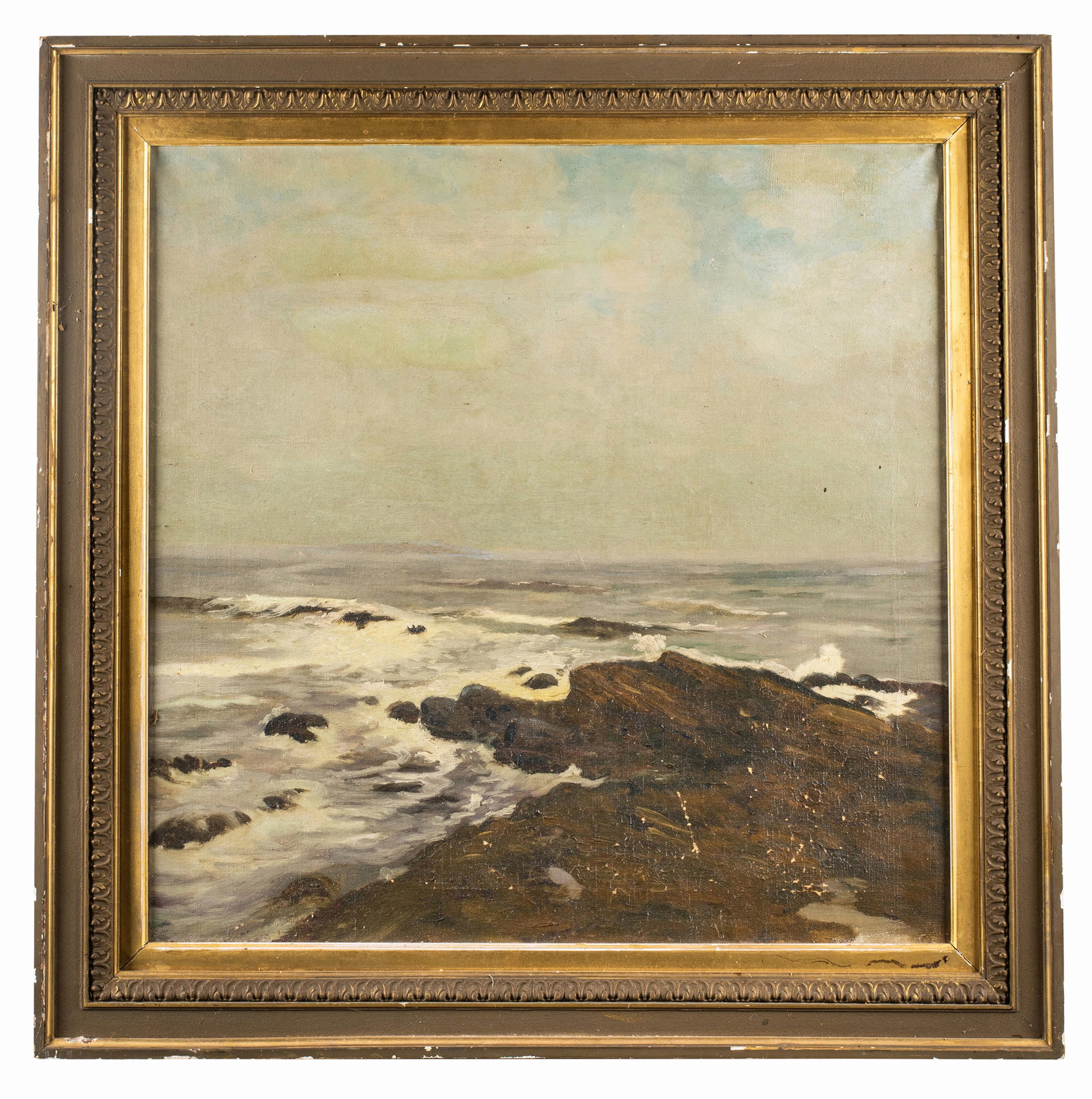 American School Antique Oil on Canvas Coastal Painting: American School Antique Oil on Canvas Coastal Painting, apparently unsigned. 24" x 24", framed to 30" x 30".