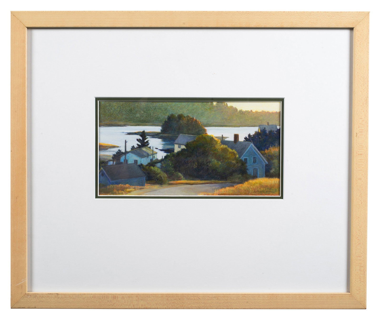 Sandy Wadlington, New England Coastal Scene: Pastel on paper, signed lower right. 4 1/2" x 8 3/4" in nicely matted gallery presentation frame (14 1/4" x 17 1/2"). Wadlington was born in Boston and attended the School of the Museum of Fine Arts. 