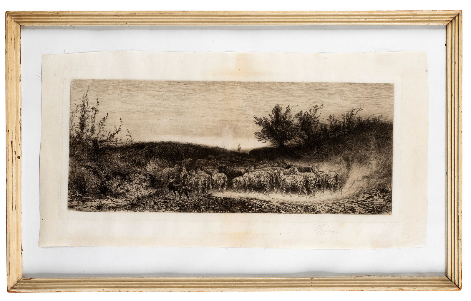 Peter Moran (1841-1914) Landscape, c.1880: Landscape with shepherd, dog and sheep. Etching in sepia with plate tone on cream laid paper, c. 1880. Signed in the plate and in pencil. 7" x 16" (plate), framed to 13" x 21".