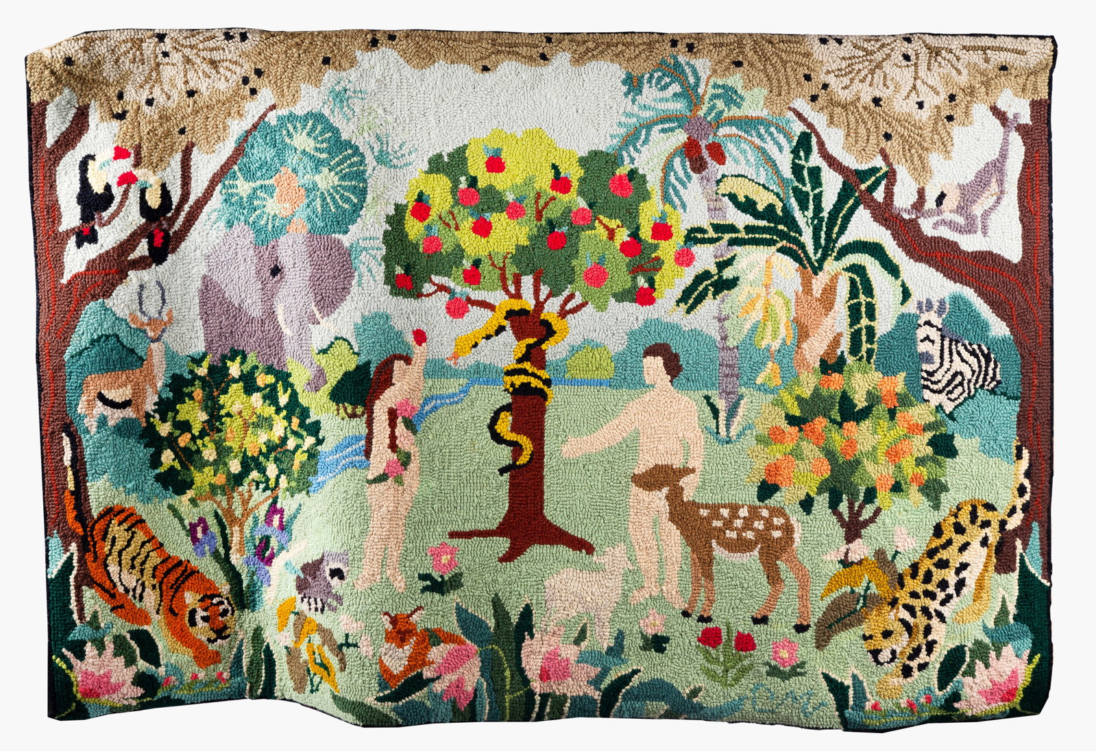Claire Murray "Garden of Eden" Wool Hooked Rug: Vivid scene of the Garden of Eden complete with Adam and Eve, label on reverse and signed "CM" lower right, 40" x 60", currently has a sewn fabric band with a rod inserted at the top so it may be hung
