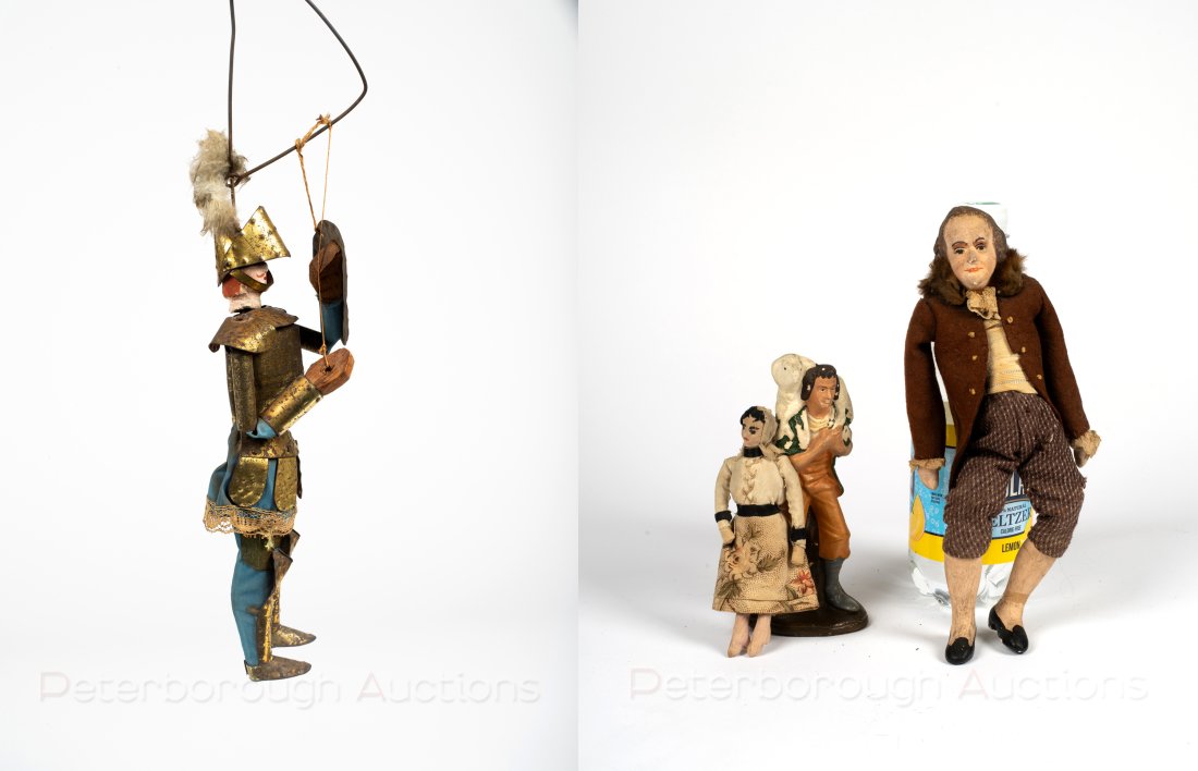 Vintage Knight Marionette Puppet, Antique Benjamin Franklin Doll and Two Others: A) Vintage Knight Marionette Puppet, With wooden body and painted clay head, in a blue silk tunic and pant with pressed and punched tin armor, shield and feather topped helmut, height of figure only i
