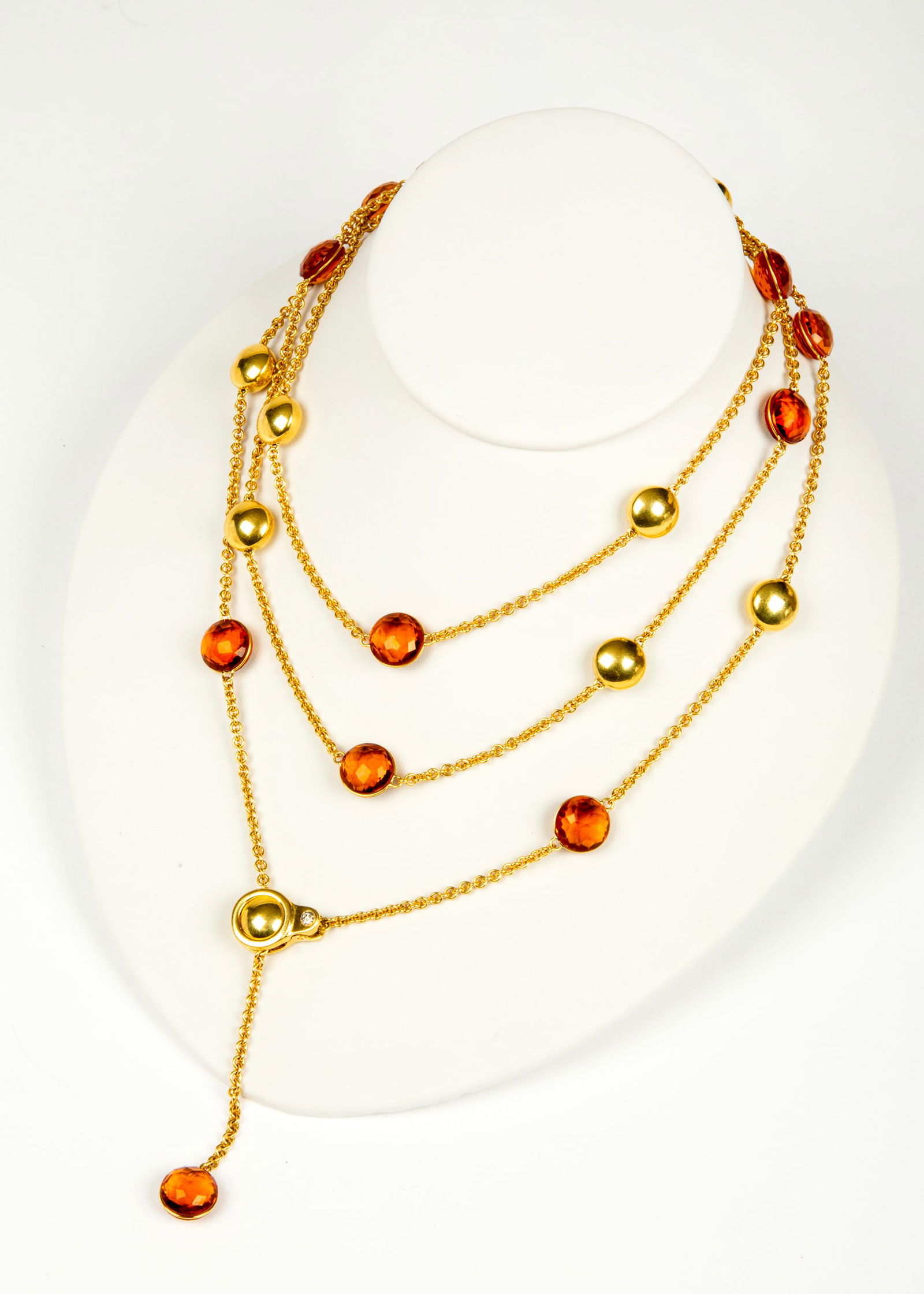 A Fabulous Estate Designer Chimento 18K Gold and Citrine Necklace: Marked on the clasp, "Chimento, 408 VI, 750", a diamond accented clamp style clasp that can be cleverly latched onto any of the citrine or gold stations to have complete versatility, there are 11 citr