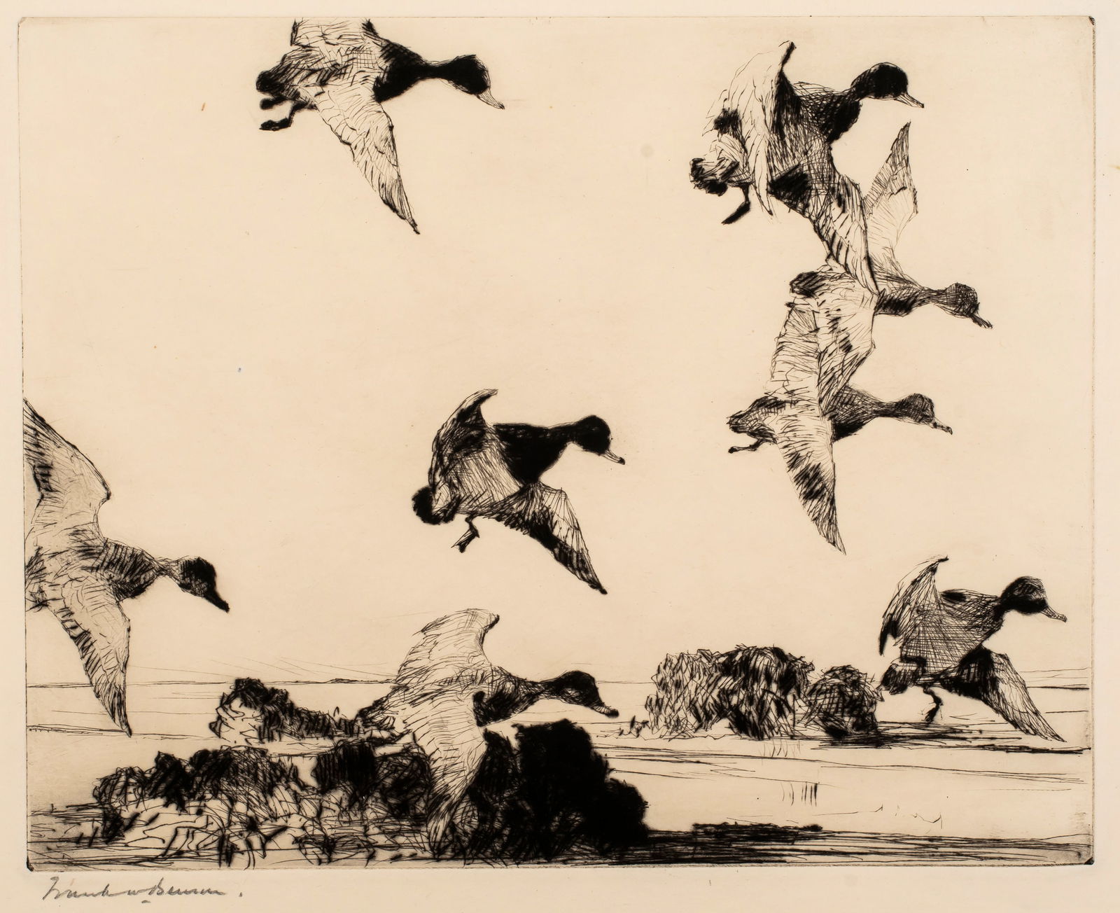 Frank Benson (1862-1951) Red Heads No. 2, 1923: Etching, pencil signed lower left, 7 7/8" x 9 7/8". Reference: Ordeman 226. Frank Weston Benson was from Salem, MA and is well known for his portraits, impressionist paintings and etchings.