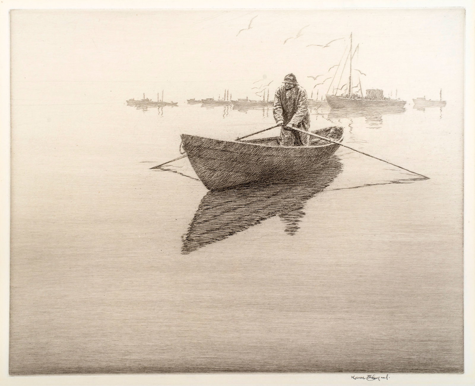Harold Kerr Eby (1889-1946) The Lobster Fleet, 1937: Etching on wove-type paper, pencil signed, printed by the artist in 1937; 9 3/8" x 11 1/2". Kerr Eby was a remarkable printmaker and a member of the Cos Cob Art Colony in Connecticut, and fr