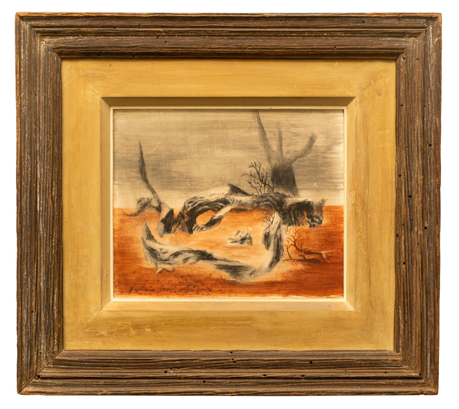 Julian Levi (1900-1982) November Orchard, 1949: Casein on gesso on board, signed lower left, 8" x 10", in original frame by House of Heydenryk, 16" x 17 1/2", sold by The Downtown Gallery in NYC. Not to be confused with the nota