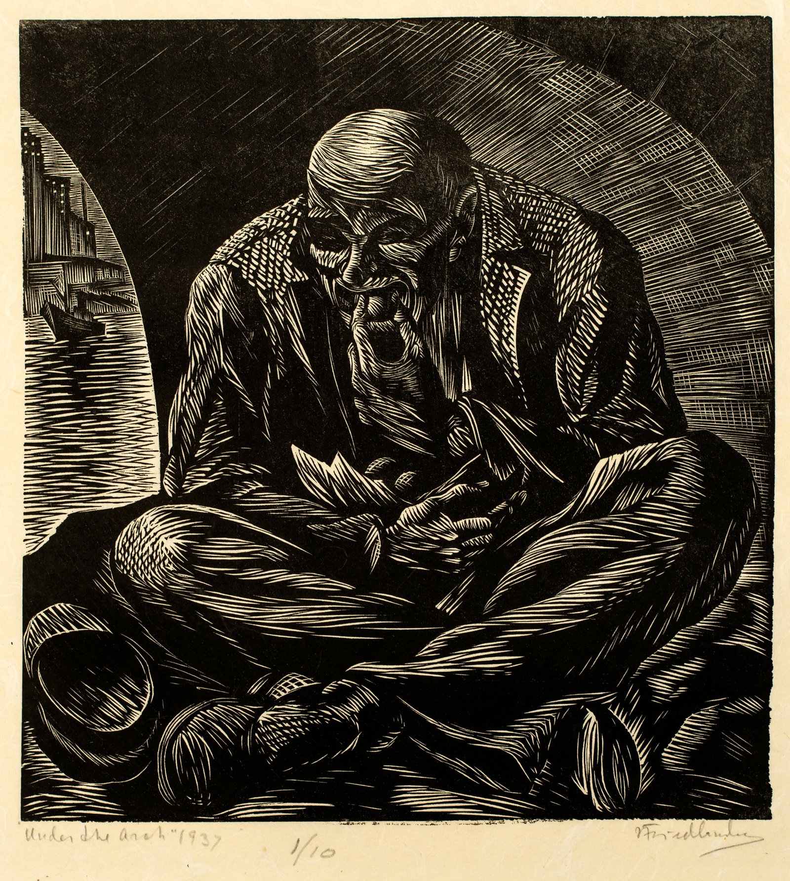 Isaac Friedlander (1890-1968) Under the Arch, 1937: Woodblock print, signed, titled and editioned 1/10; 9" x 8 1/4", printed on a handmade Japan type paper. The Latvian born artist was arrested and imprisoned for anti-czarist political agitat