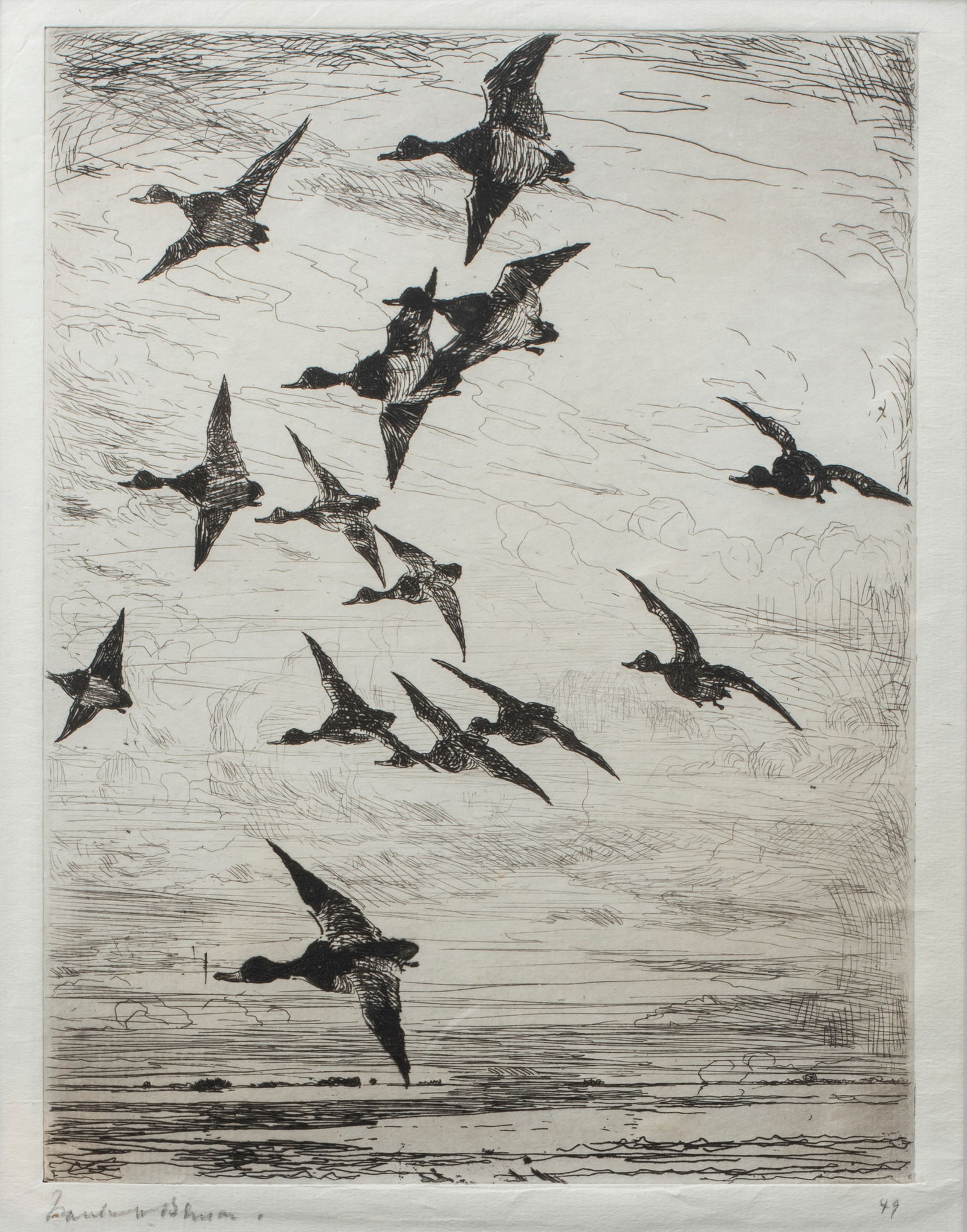 Frank Benson (1862-1951) High Flying Ducks, 1917: Etching, pencil signed lower left, from an edition of 150, 8" x 6". Although very presentable and nicely framed, the sheet has glue residue on the back. Its invisible from the image si