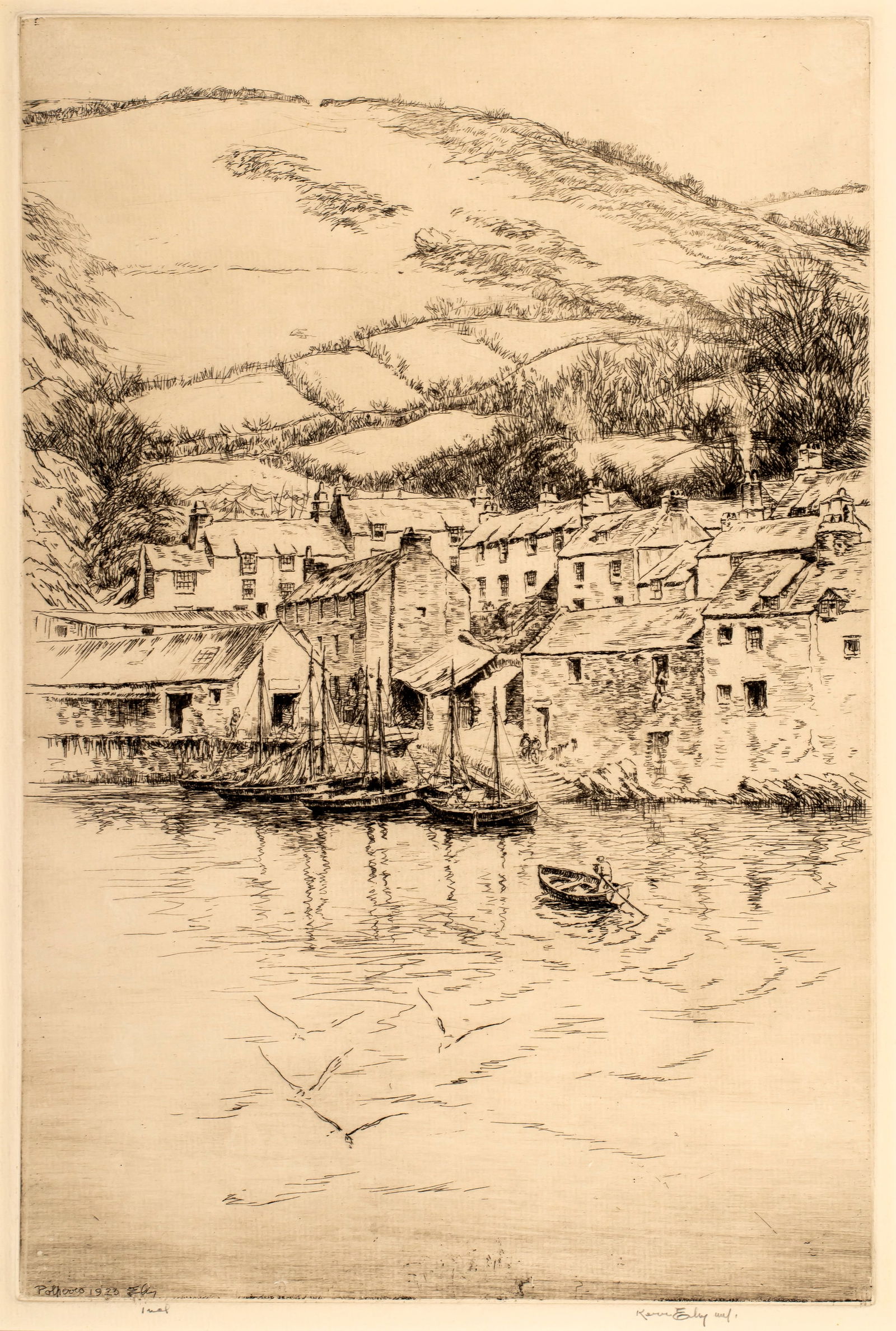 Harold Kerr Eby (1889-1946) Polperro No.2, 1925: Trial proof etching from an edition of 90, printed by the artist, pencil signed, 12 7/8" x 8 1/2". Reference: Giardina 102.