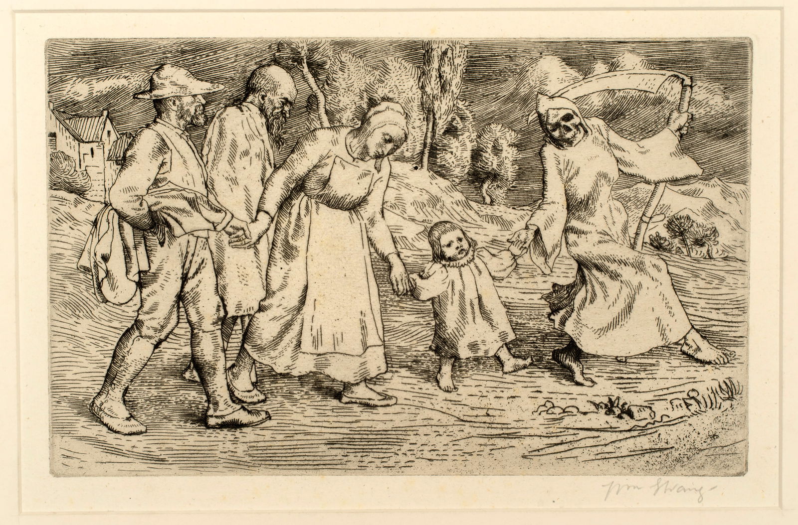 William Strang (1859-1921) Death and the Ploughman's Wife, 1888: Etching, pencil signed, printed in 1888 and published in an edition of 110 impressions; 5" x 7 7/8", printed on a medium wove type paper. Reference: Binyon 116.