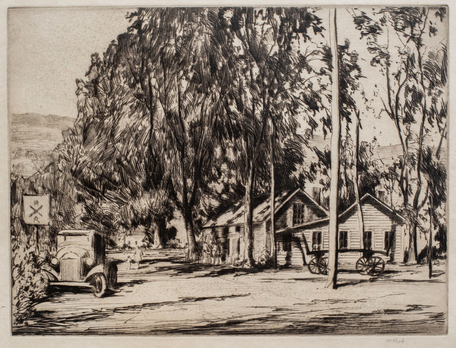 Robert Hogg Nisbet (1879-1961) Across the Railroad Tracks: This early 20th century etching by the American artist Robert Hogg Nisbet measures 8 7/8 x 11 7/8 inches, pencil signed and titled. Nisbet's artistic talents were apparent at an early age, enrolled in
