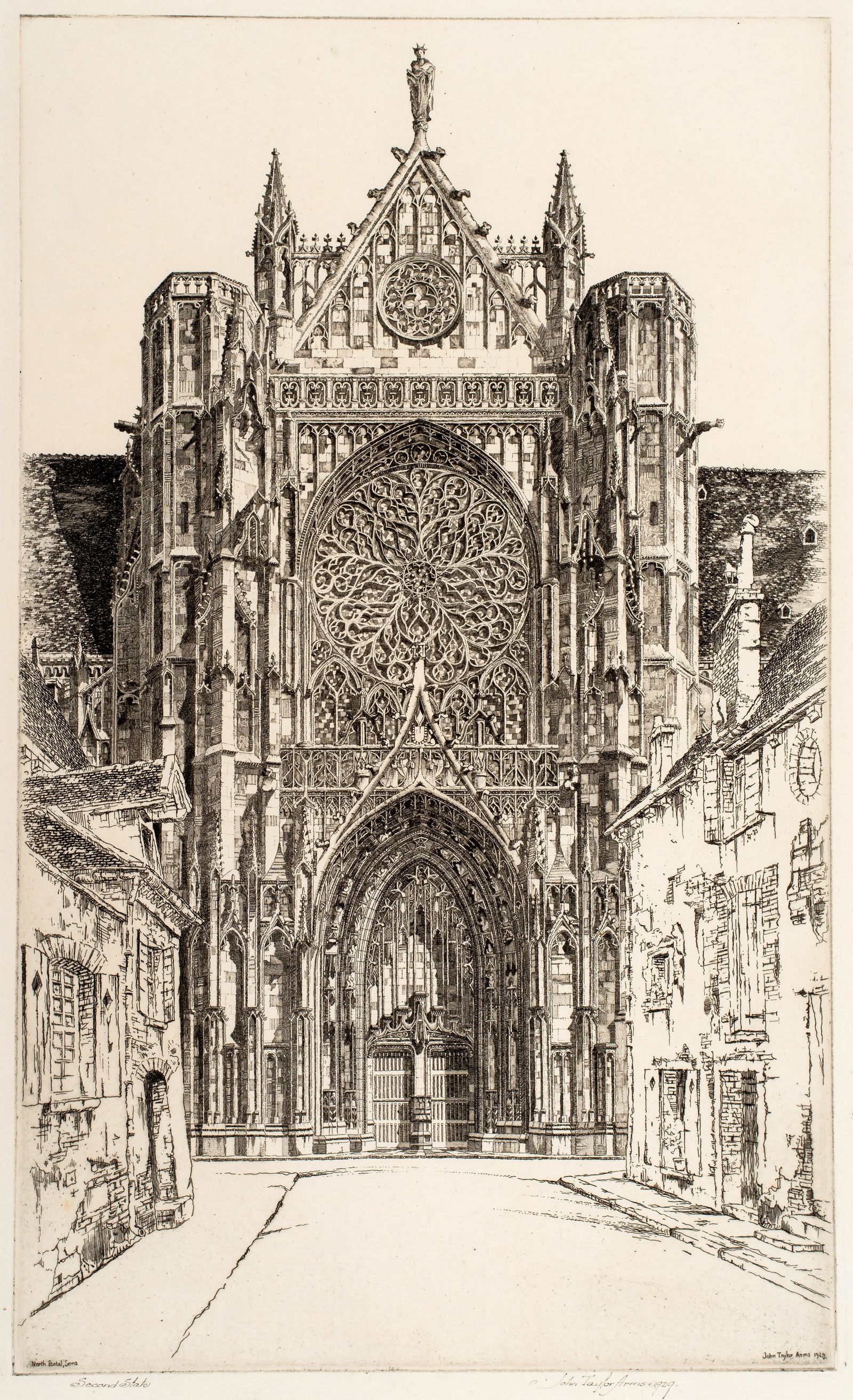 John Taylor Arms (1887-1953) Gothic Glory, Sens Cathedral, 1929: Alternatively titled Sens, Cathédrale de Saint Ètienne and Sens, North Portal. Second and final state; edition of 100; #25 in the French Church Series. Drypoint etchi