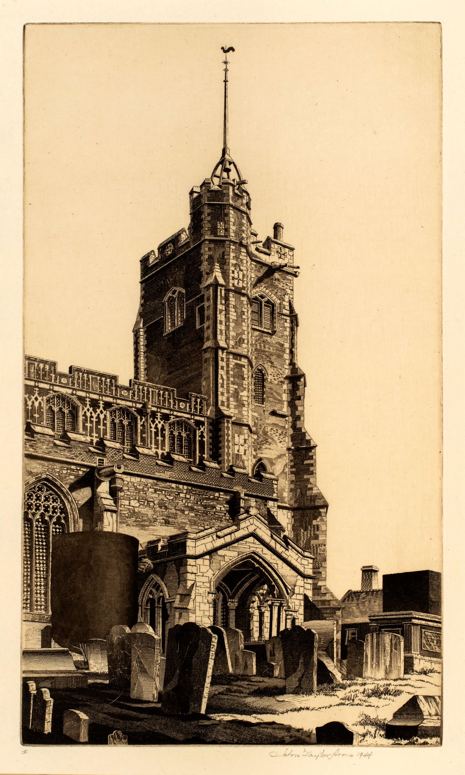 John Taylor Arms (1887-1953) Cavendish Church, 1944: Etching on paper, pencil signed lower right, II inscribed in pencil lower left; #2 in the English Church series, from an edition of 155; 9 1/2" x 5 1/2", on watermarked laid type paper,