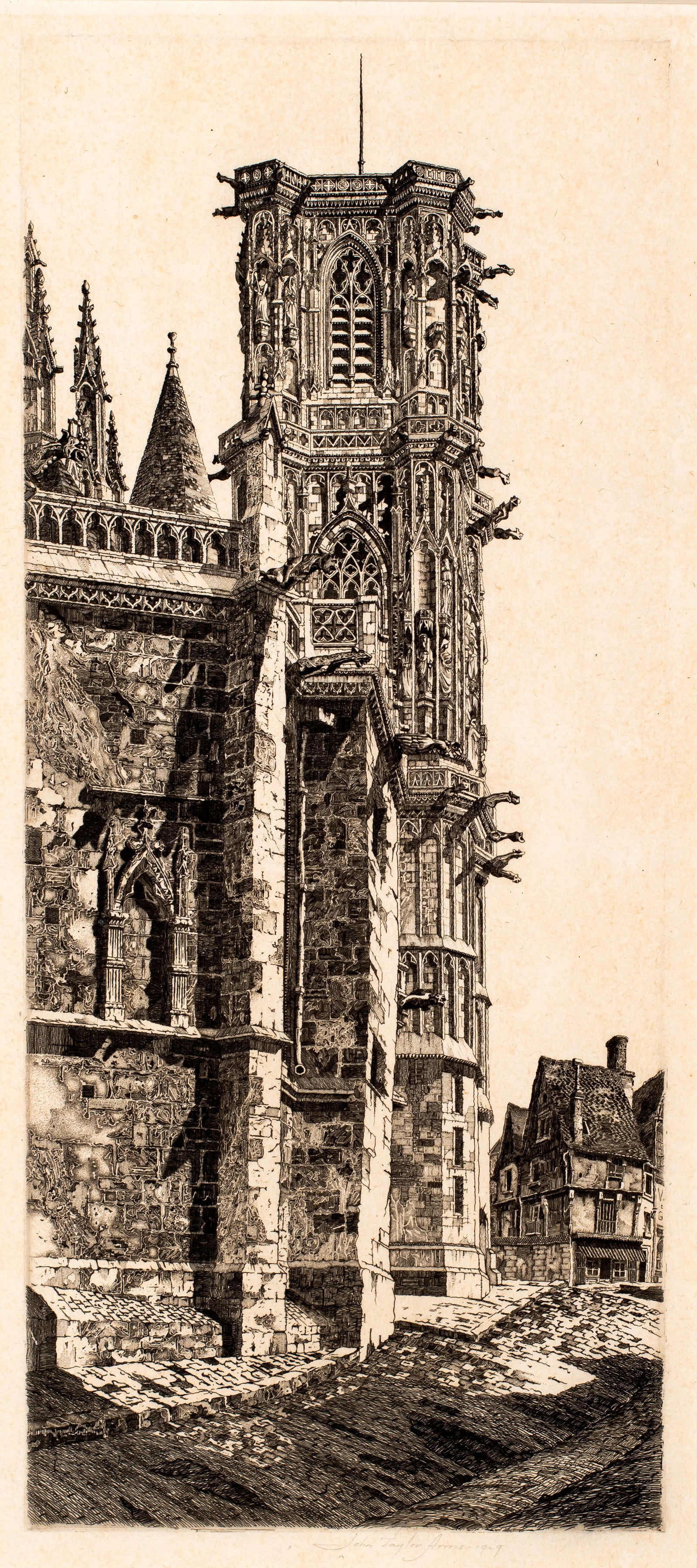 John Taylor Arms (1887-1953) Cathedral of St. Cyr and Ste Julitta, Nevers, 1929: Etching on paper, pencil signed and dated; from the French Church series, edition of 100; image size 13" x 5 1/2".