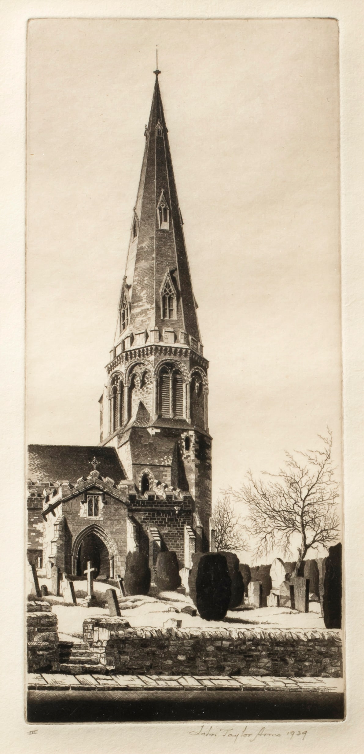 John Taylor Arms (1887-1953) Stanwick, 1939: Etching on paper, signed and dated lower right, III notation lower left; third state of three; edition of 210 impressions printed by David Strang; 7 3/8" x 3 3/4" in frame.