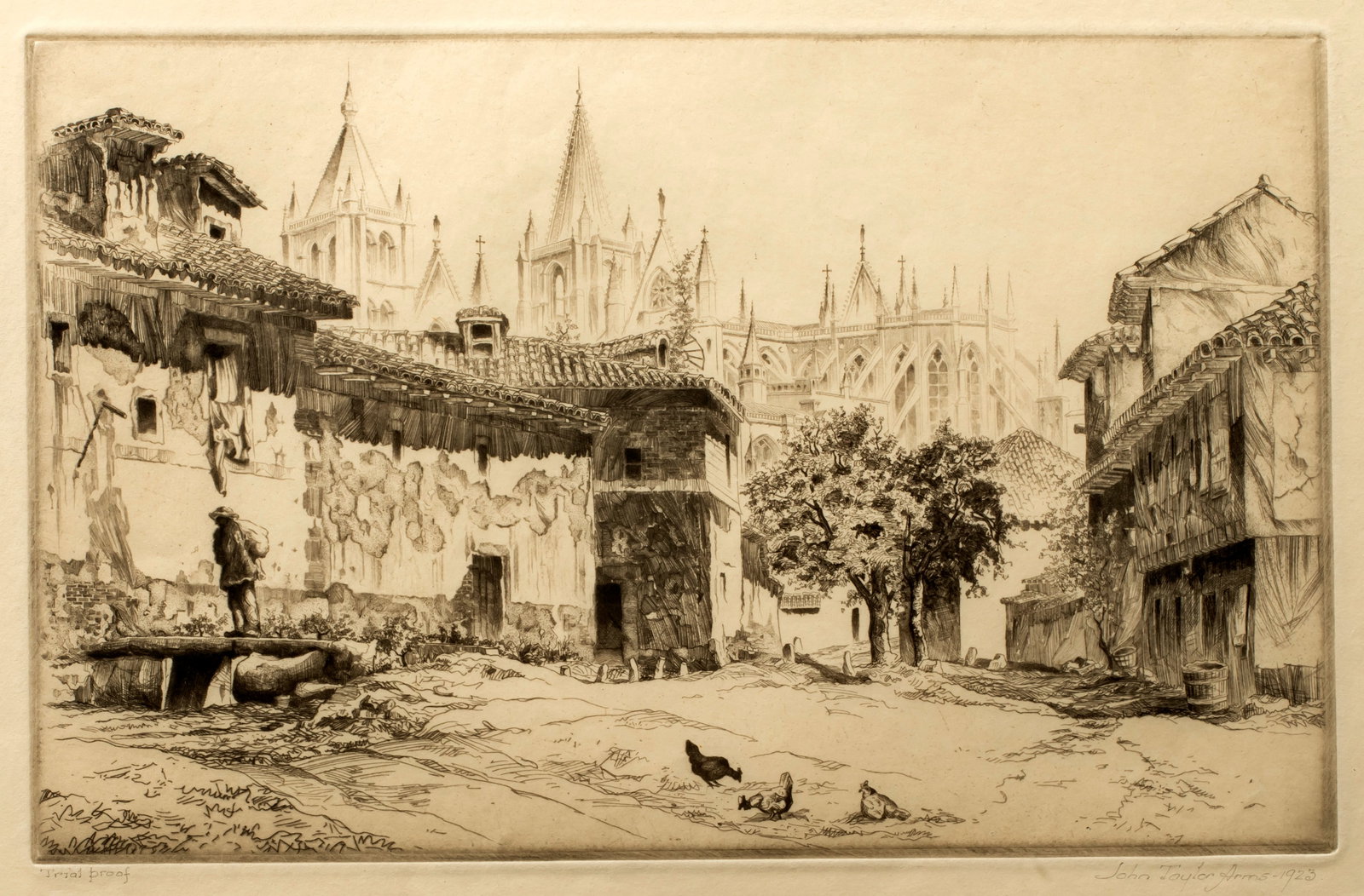 John Taylor Arms (1887-1953) Léon, 1923: Trial proof etching on paper, signed and dated lower right; #1 in the Spanish Church series; plate made with the assistance of Kerr Eby; printed by Frederick Reynolds. 7 1/8" x 11 1/4", in a 16" x 19"