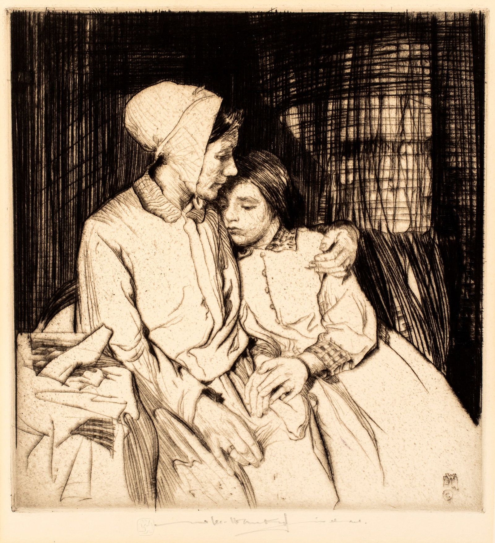William Lee Hankey (1869-1952) Forgiveness: Etching, signed, with artist's blindstamp, subsequent to Hardie; 7 3/4" x 7 1/4".