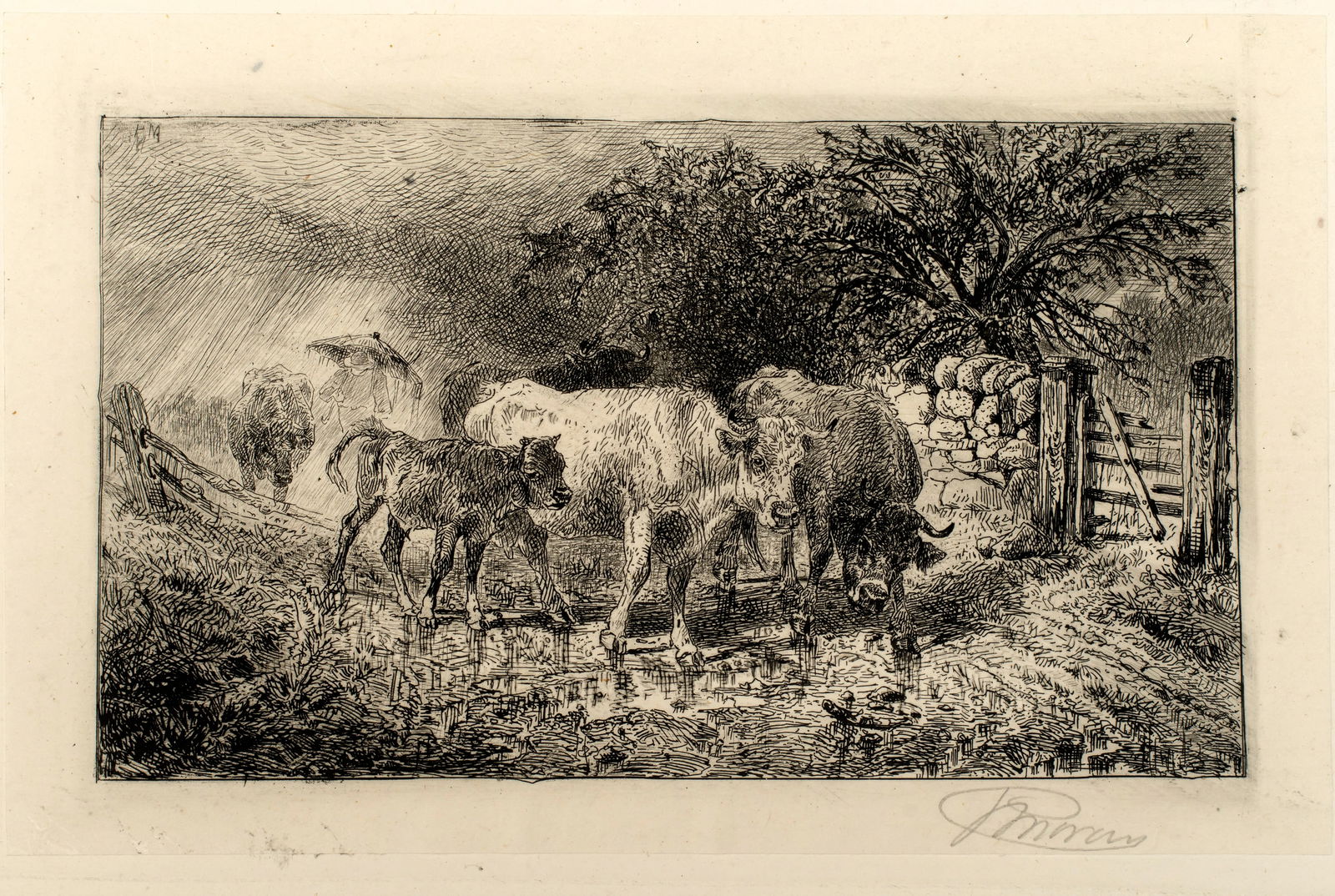 Peter Moran (1842-1914) Showery Weather: Etching, signed lower right, 2 7/8" x 5 1/8"