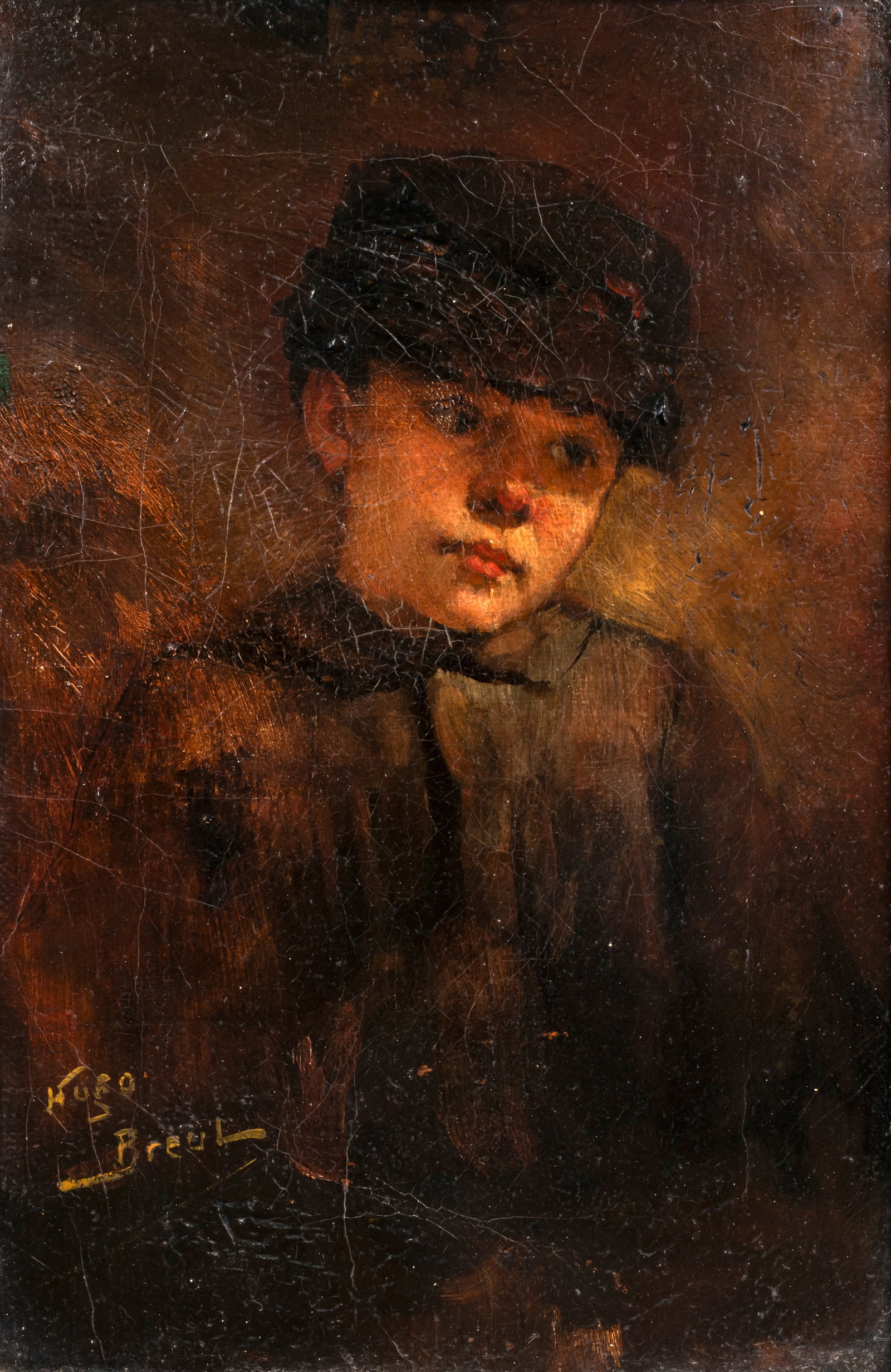 Hugo Breul (1854-1910) Portrait of a Young Boy, c.1890's: Oil on canvas, signed lower left; 9" x 6", framed to 10 1/2" x 7 1/2". A well captured portrait with a fine, rich multilayer amber glazing, in what appears to be the original early