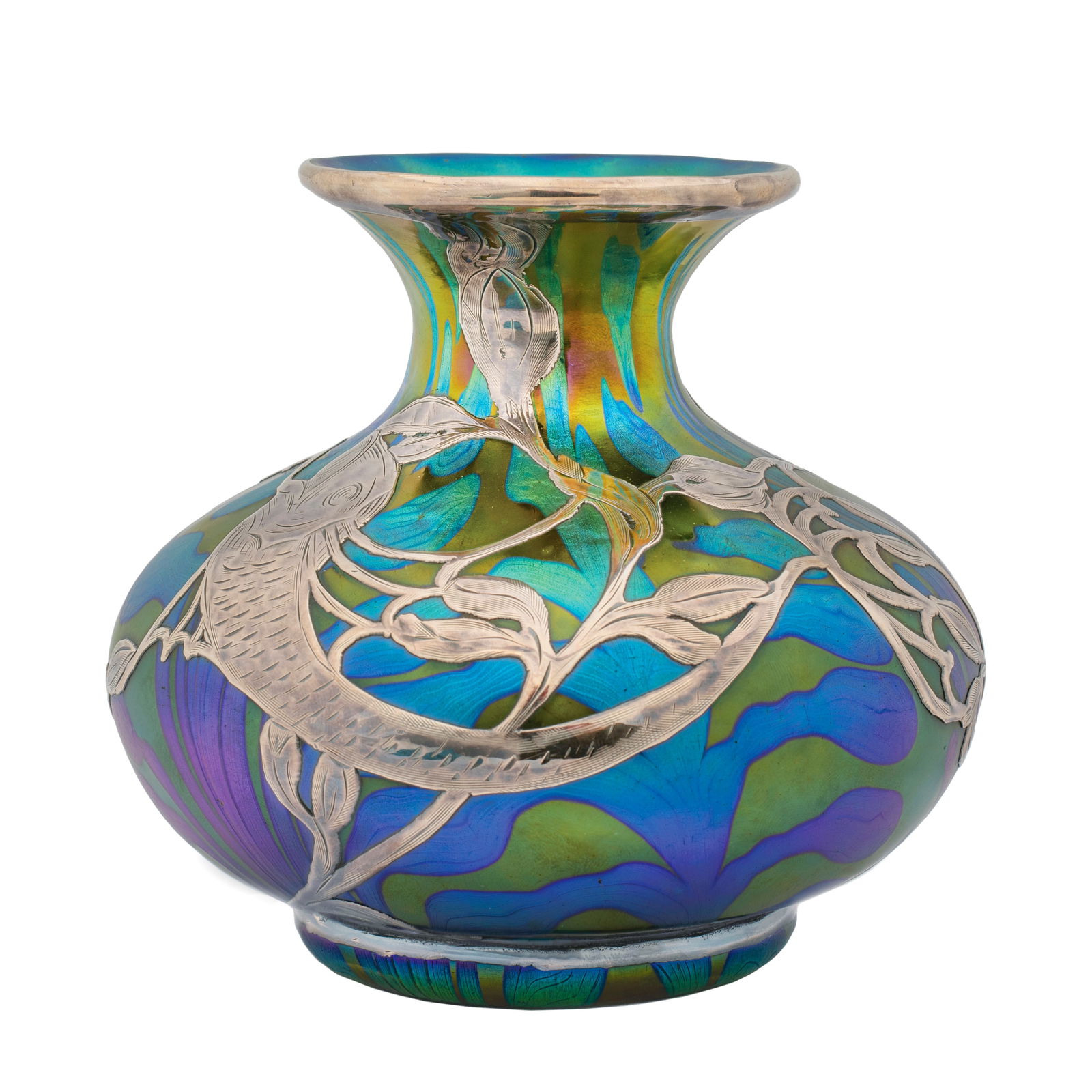 Attributed Loetz, Austrian Secessionist Phanomen Glass Vase with Silver Koi Fish Overlay, c.1900 (1 of 20)