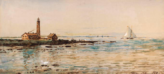 Edmund Darch Lewis (1835-1910), Isles of Shoals Light, New Hampshire Watercolor, 1891: New Hampshire coastal scene. Signed and dated lower right, with "E.D. Lewis, Philadelphia, Isles of Sholes Light on reverse. 9 1/8" x 19 1/2"; framed to 17 1/2" x 28 1/2"
