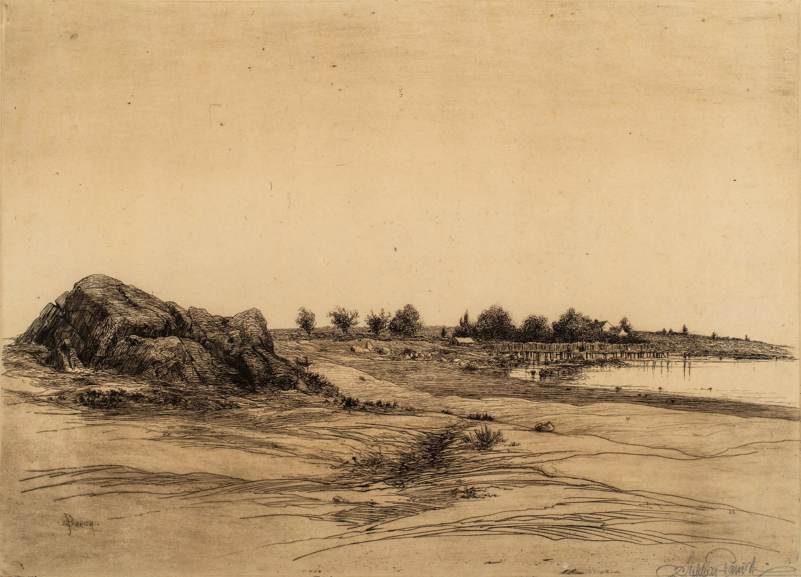 Stephen Parrish (1846-1938) An Old Farm Near the Sea (Niles Farm, Cape Ann), 1881: Etching, thread margins on 2 sides, pencil signed within the image. 9 7/8" x 13 7/8" Reference: Schneider 44