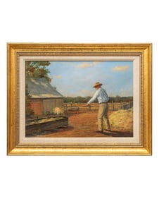 George L Bowman (1935-2006) 'Feed Time', Massachusetts Farm Painting