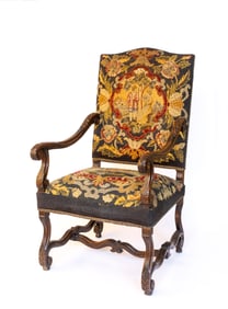 An Antique French Open Arm Chair with Needlepoint Upholstery
