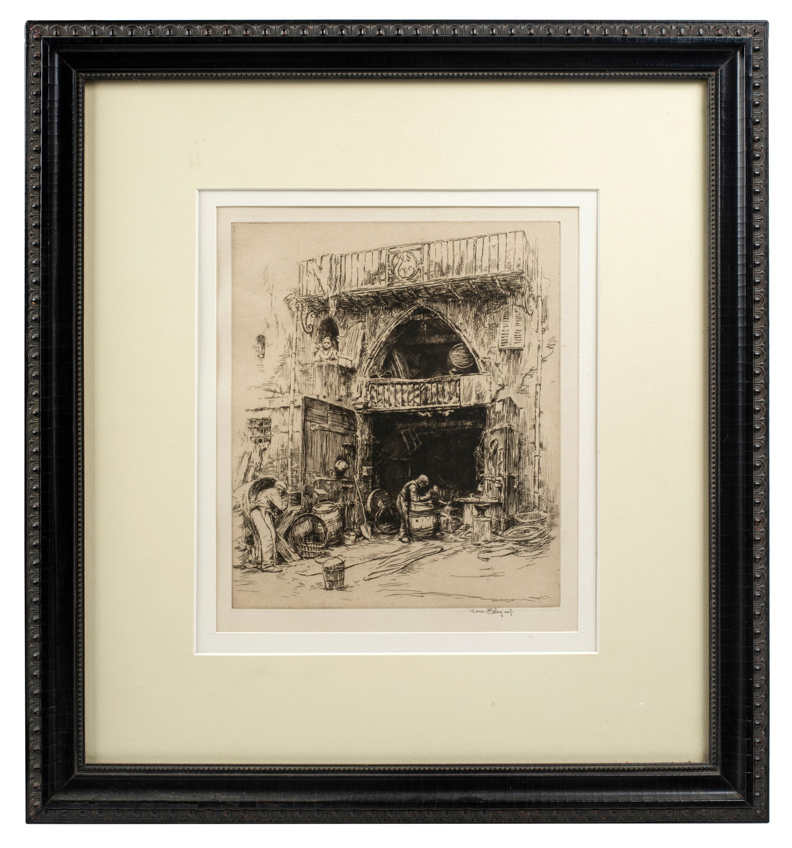 Harold Kerr Eby (1889-1946) Old Cooper Shop, 1921: Etching, edition of 60, signed and printed by the artist. 8 1/2" x 7 1/8" image, matted and framed to 17 1/4" x 16". Reference: Giardina 60