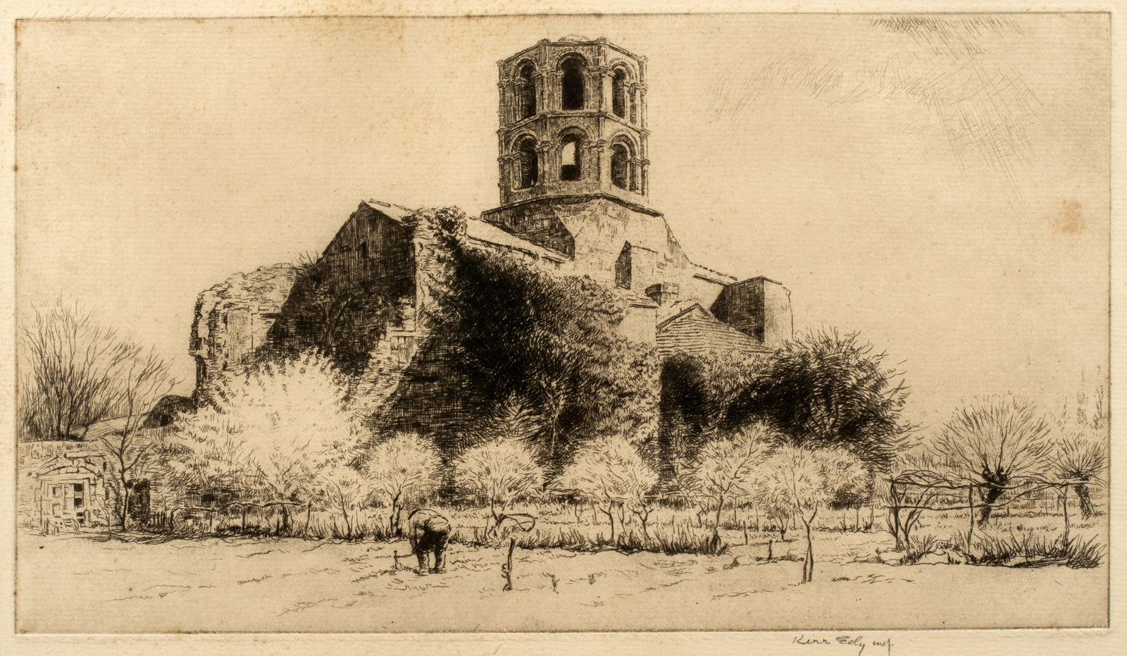 Harold Kerr Eby (1889-1946) Cures Garden, Arles, 1923: Etching on paper, pencil signed, printed by the artist, 6 3/8" x 11 7/16" plate size, matted and framed to 16" x 20". Reference: Giardina 62