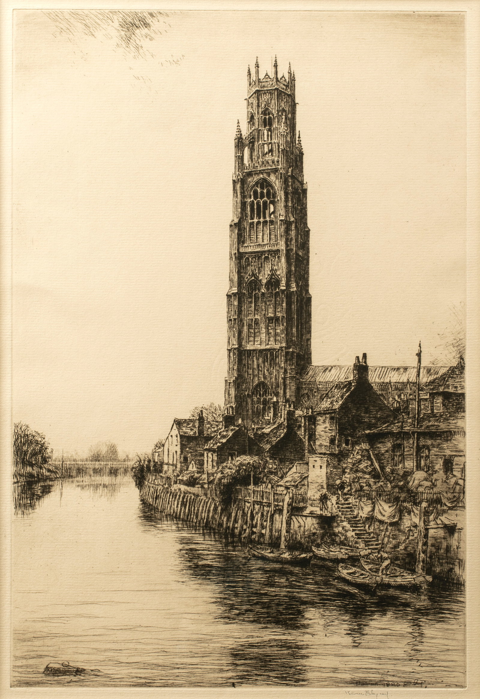 Harold Kerr Eby (1889-1946) Boston Stump, 1925: Etching, edition of 90, signed lower right, printed by the artist; 14 1/8" x 9 3/8". Matted and framed to 22" x 17 1/4". Depicting St. Botolph's Church in Boston, England.