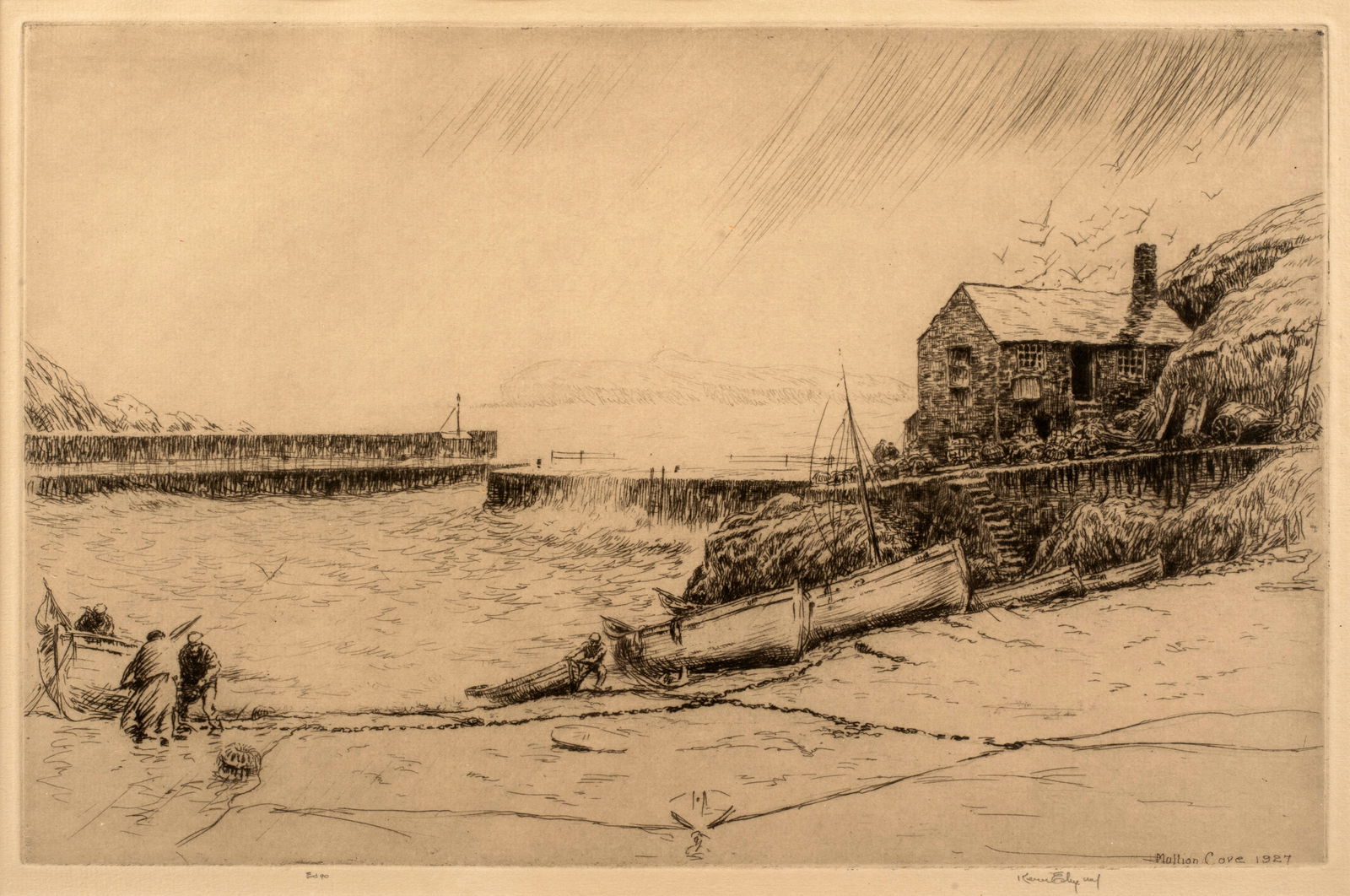 Harold Kerr Eby (1889-1946) Mullion Cove, 1927: Etching, pencil signed, inscribed 'Ed. 90'. 8 1/2" x 13 1/4", matted and framed to 15 1/8" x 19 1/4". Reference: Giardina 121