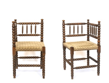 A Pair of Antique Bobbin Turned Upholstered Corner Chairs