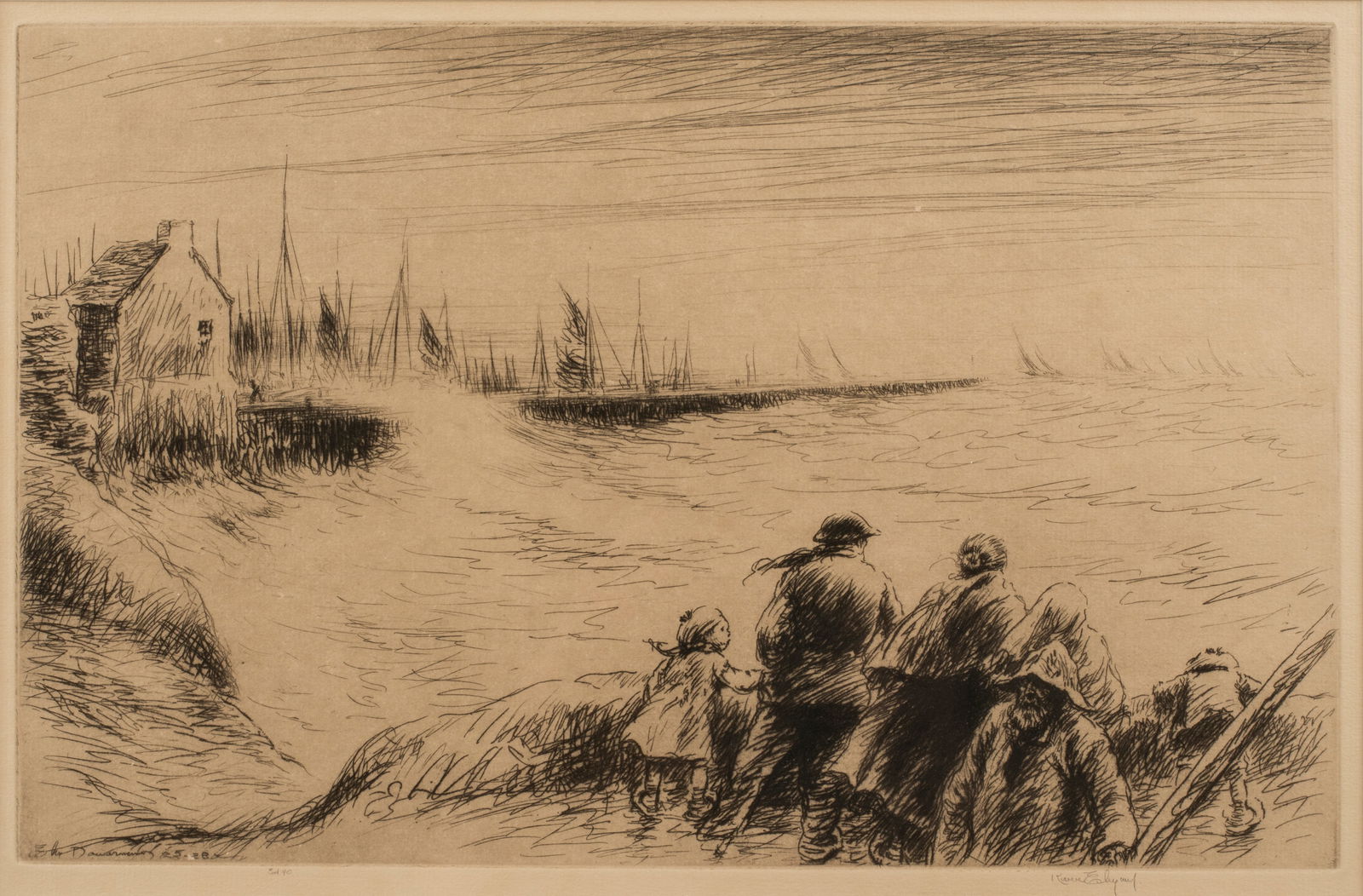 Harold Kerr Eby (1889-1946) Sardine Fleet, 1928: Etching, signed in the plate and pencil signed lower right, 'Ed. 90', 8 3/8" x 13 1/2", matted and framed to 14 1/8" x 18 7/8". Reference: Giardina 128