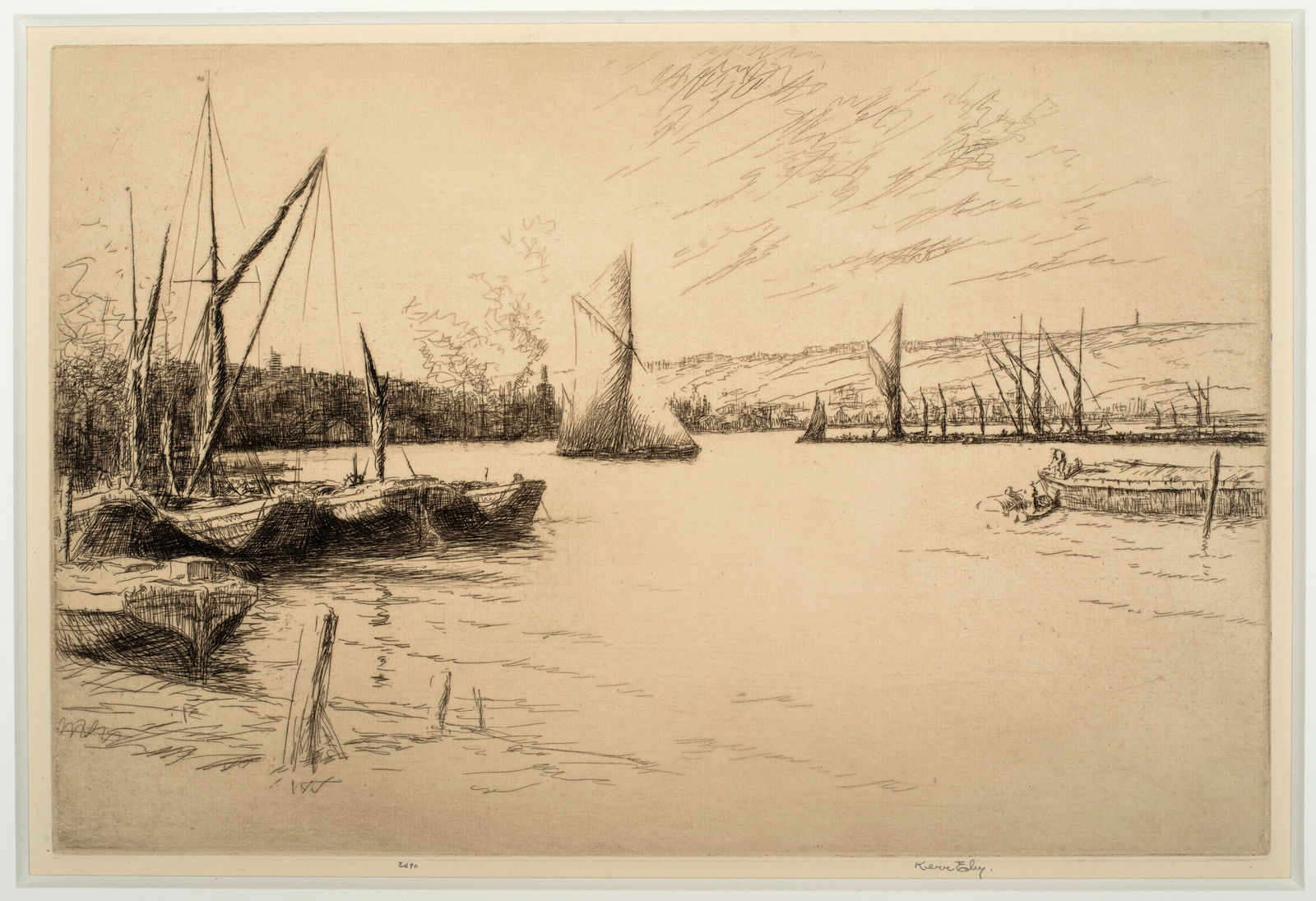 Harold Kerr Eby (1889-1946) The Medway, 1929: Etching, from an edition of 90, signed, 9 1/2" x 14 1/4". Depicting Rochester near the mouth of the River Medway in England. Reference: Giardina 143.