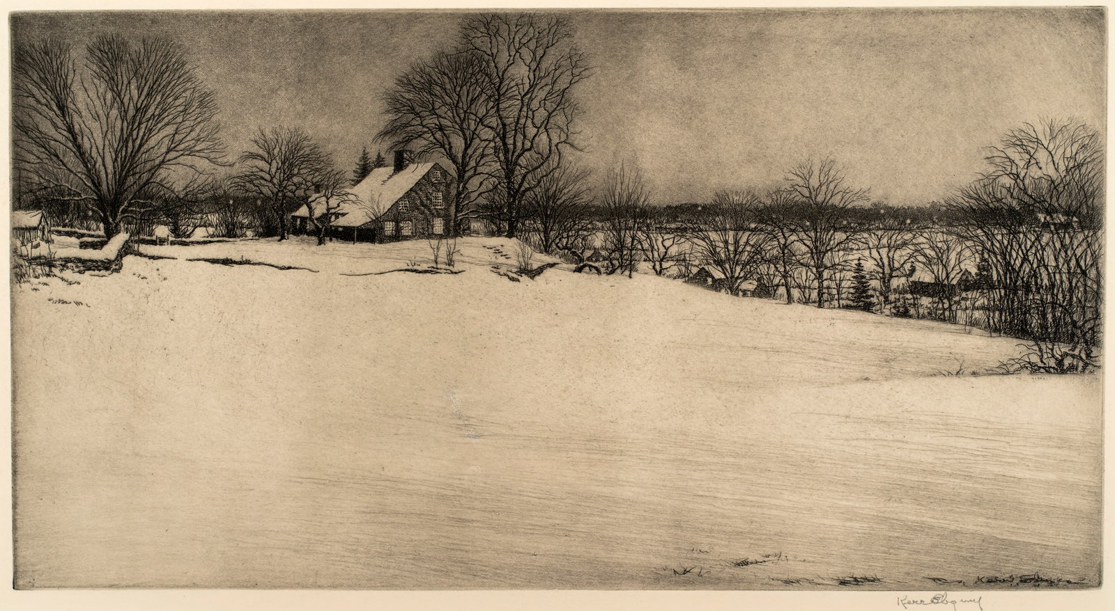 Harold Kerr Eby (1889-1946) Driftway Evening, 1933: Etching and aquatint, from an edition of 100. 8 1/4" x 15 3/8", hand signed with "imp", indicating that Eby printed this impression himself. The subject is Eby's hom