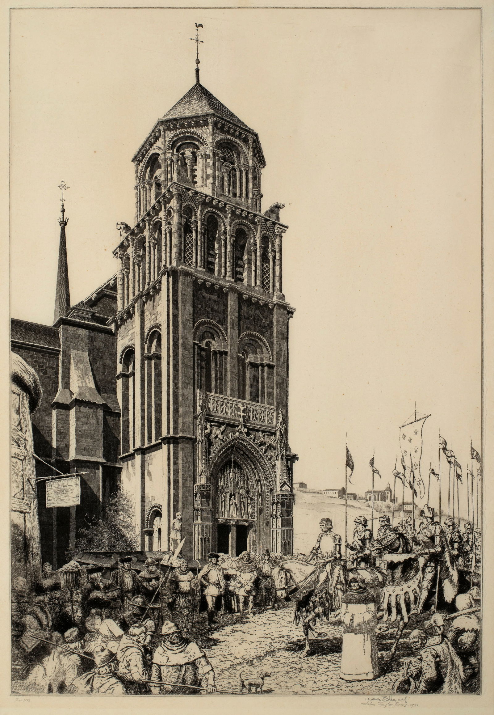 Harold Kerr Eby (1889-1946) and John Taylor Arms (1887-1953) Medieval Pageantry, 1933: Signed lower right by both artists, etching depicting Sainte Radegonde in Poitiers, France; 12 5/8" x 8 5/8". A collaboration between Kerr Eby and John Taylor Arms. Reference: Gia