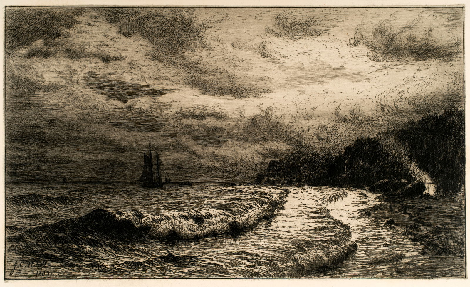 James Craig Nicoll (1846-1918) The Smugglers Landing Place, 1883: Etching, signed and dated in the plate. 5 5/8" x 9 1/2"