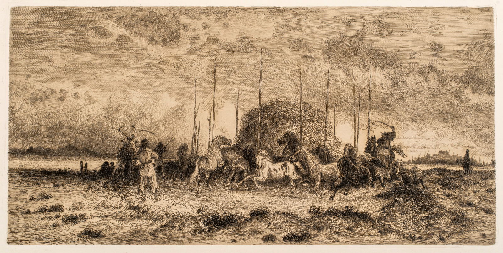 Peter Moran (1842-1914) Harvest at San Juan Pueblo, 1883: Etching, printed on a buff toned wove type paper, very good condition. 6" x 12 1/4"