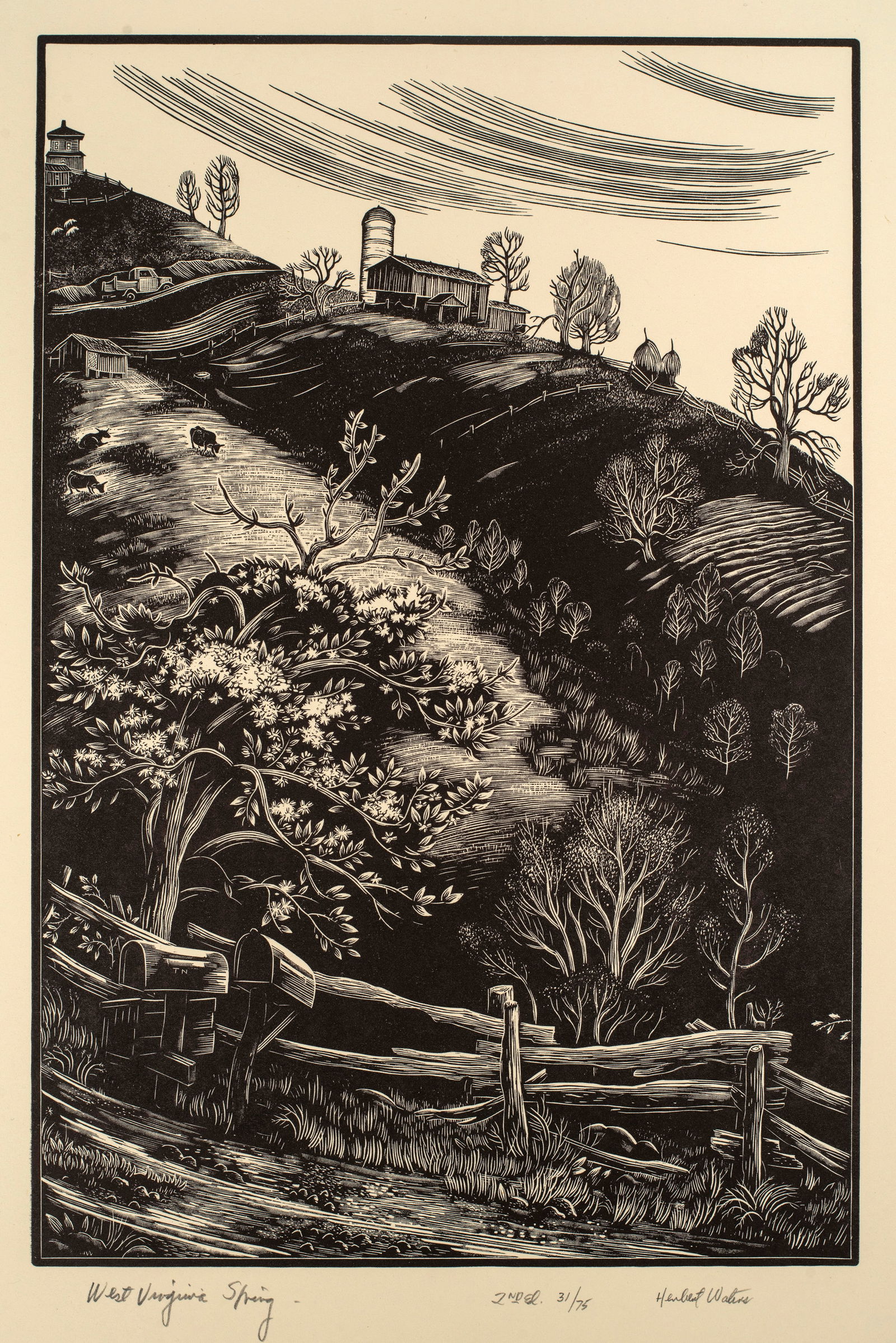 Herbert Ogden Waters (1903-1996) West Virginia Spring, c.1960: Wood engraving, signed, titled and numbered in pencil, 31/75. 9 7/8" x 6 1/2".
