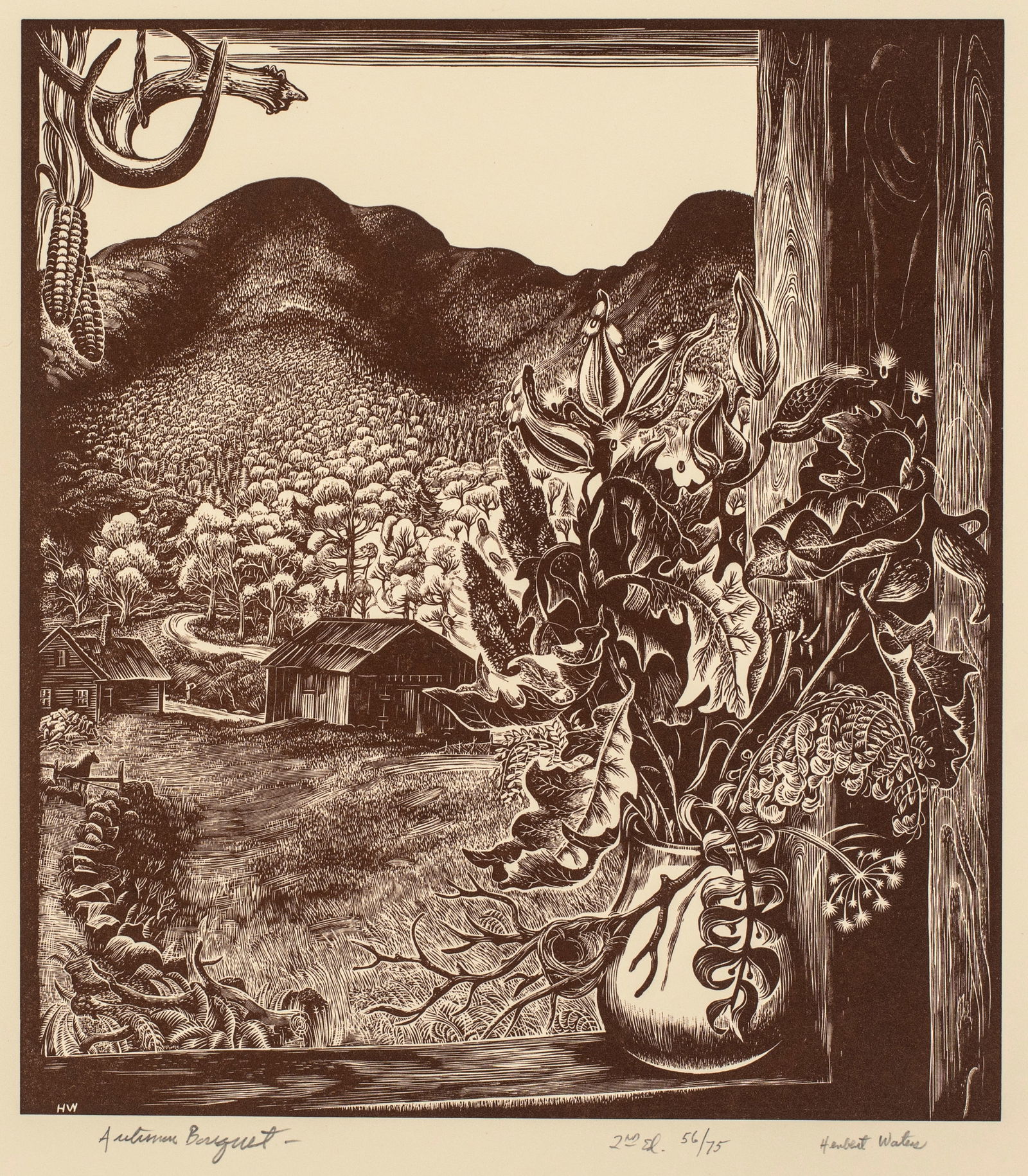 Herbert Ogden Waters (1903-1996) Autumn Bouquet, c.1960: Wood engraving, signed, titled and numbered 56/75 from the second edition, printed in brown tone ink. 7 1/2" x 6 5/8".