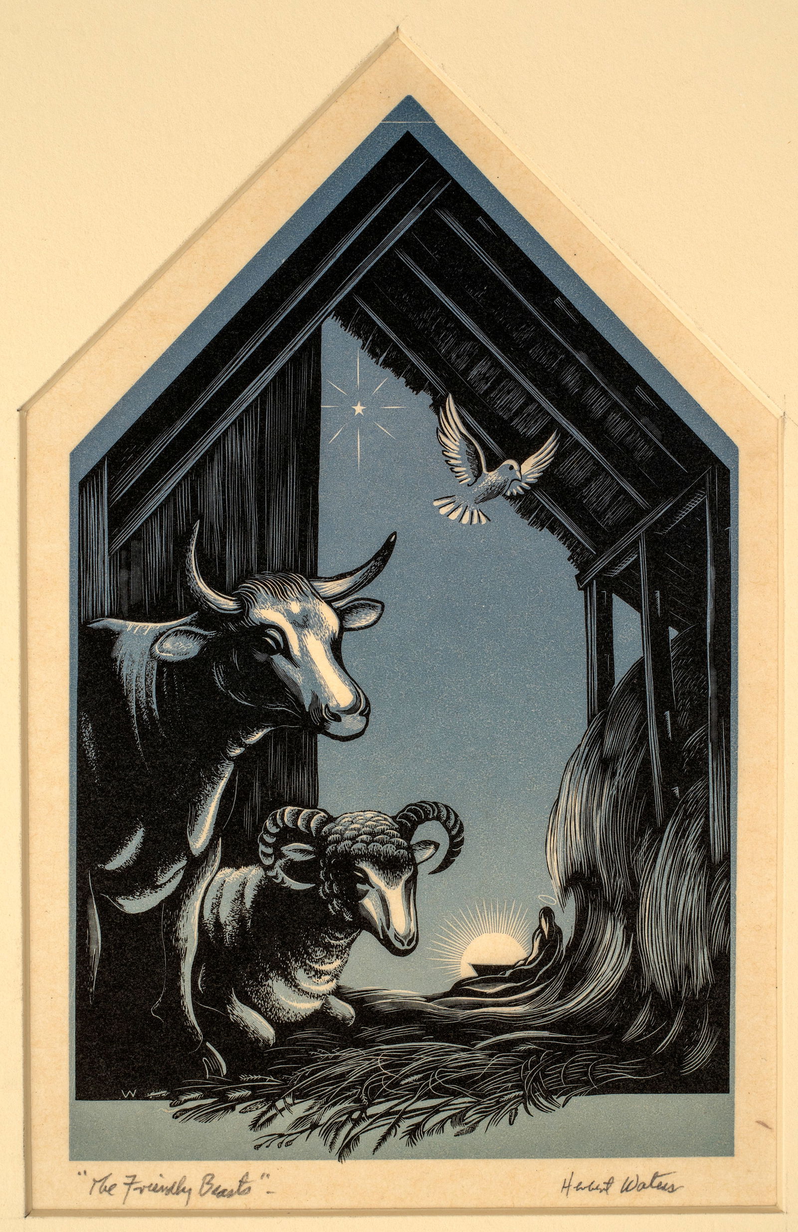 Herbert Ogden Waters (1903-1996) The Friendly Beasts, c.1950: Two color wood engraving, signed and titled. 7" x 4 1/4".