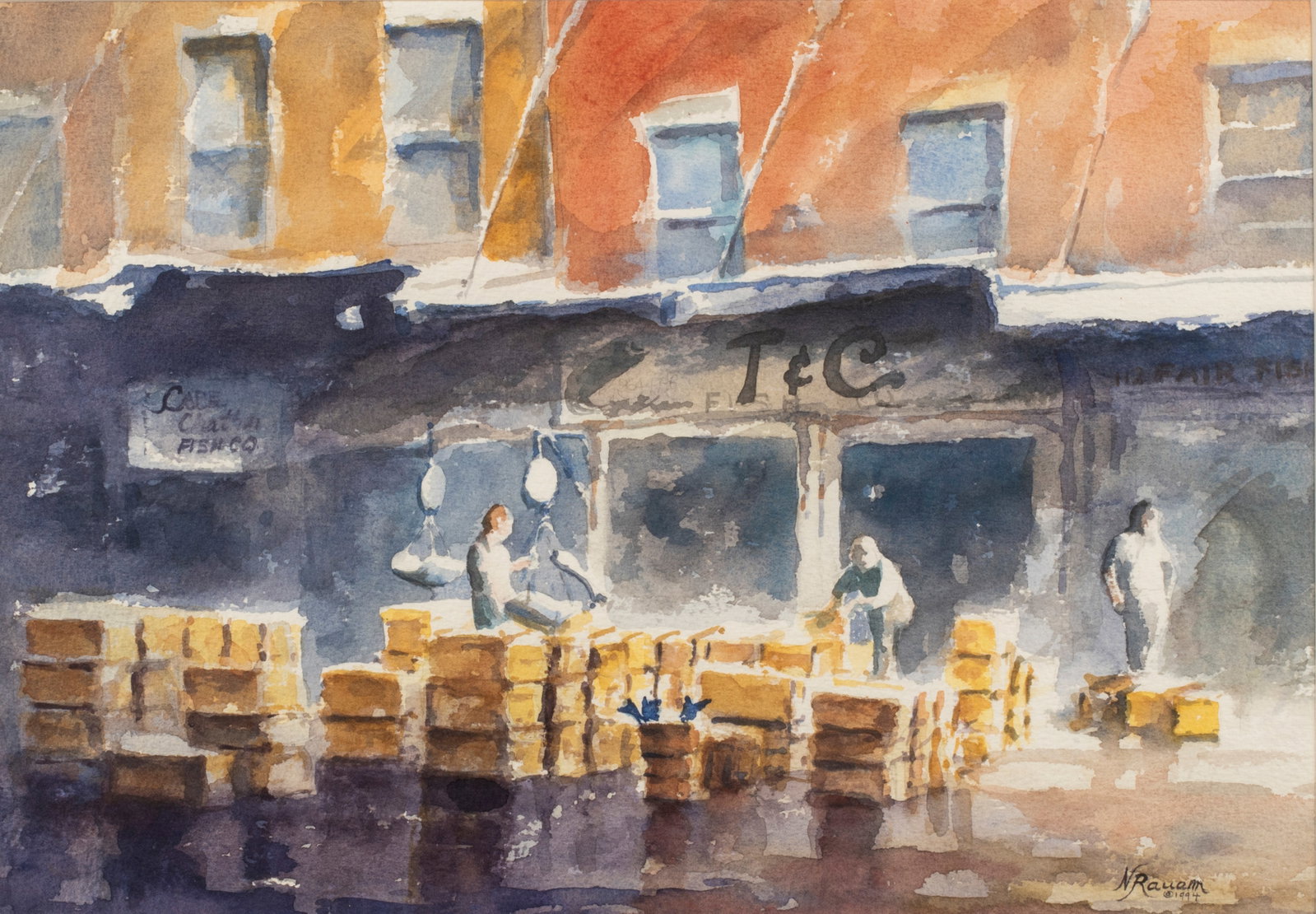 Naima Rauam (b.1946), South Street Seaport Fish Market, 1994: Watercolor on paper, signed and dated lower right. 9 3/4" x 13 3/4" sight, nicely matted and framed to 18 1/4"x 22".